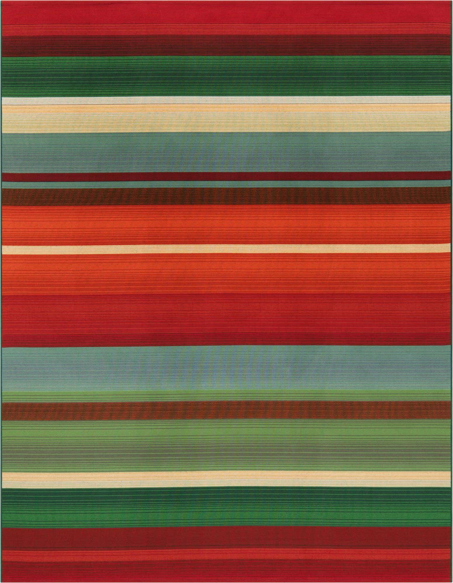 A 7' 10 x 7' 10 square multi-colored modern stripe rug, featuring various horizontal bands of red, green, blue, and orange.