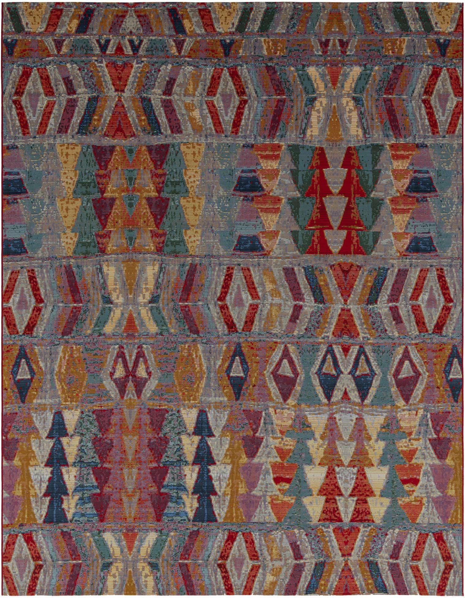 A 10'x10' square multi-colored Southwestern rug with abstract geometric patterns in shades of red, blue, yellow, and green.