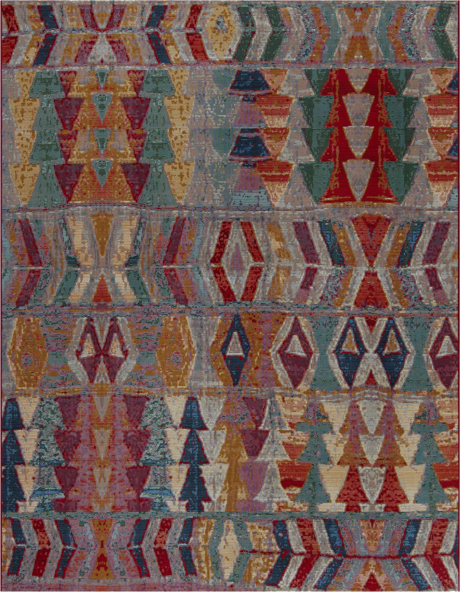 A vibrant 7' 10 x 7' 10 square multi-colored Southwestern rug with geometric patterns, ideal for an indoor or outdoor patio.