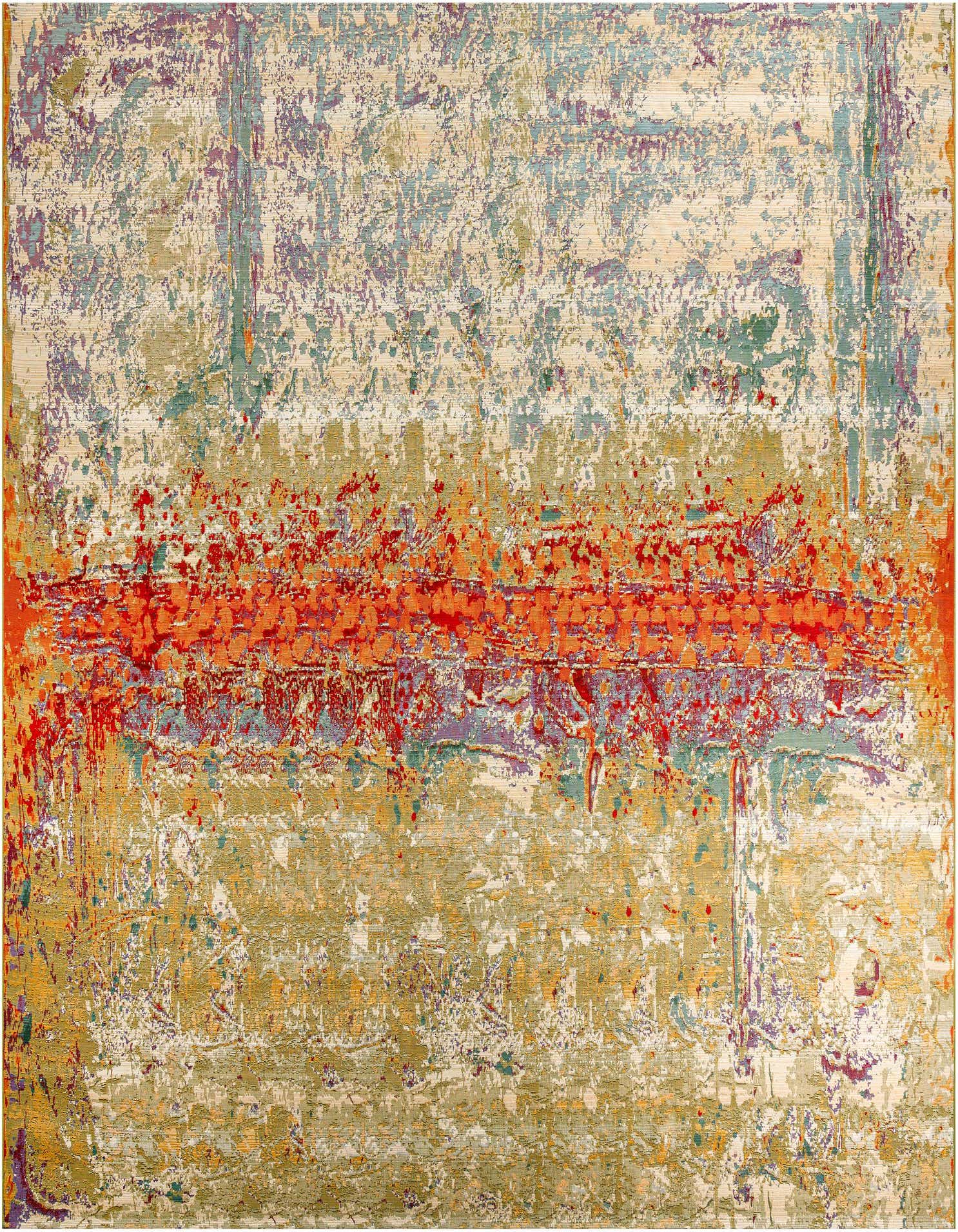 A 12'x12' square multi-colored abstract rug with a vibrant orange and red horizontal stripe across the center, set against a distressed background of cream, green, and purple hues, suitable for a patio.