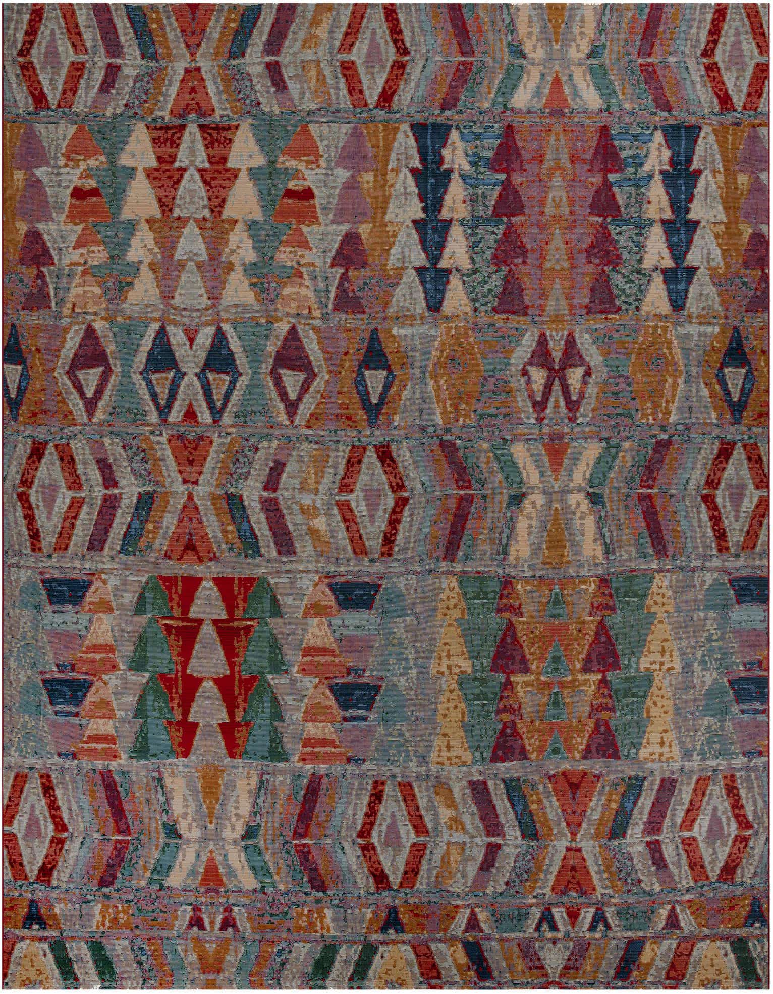 A multi-colored square rug with a vibrant Southwestern and tribal geometric pattern, featuring diamonds and triangles in various hues.