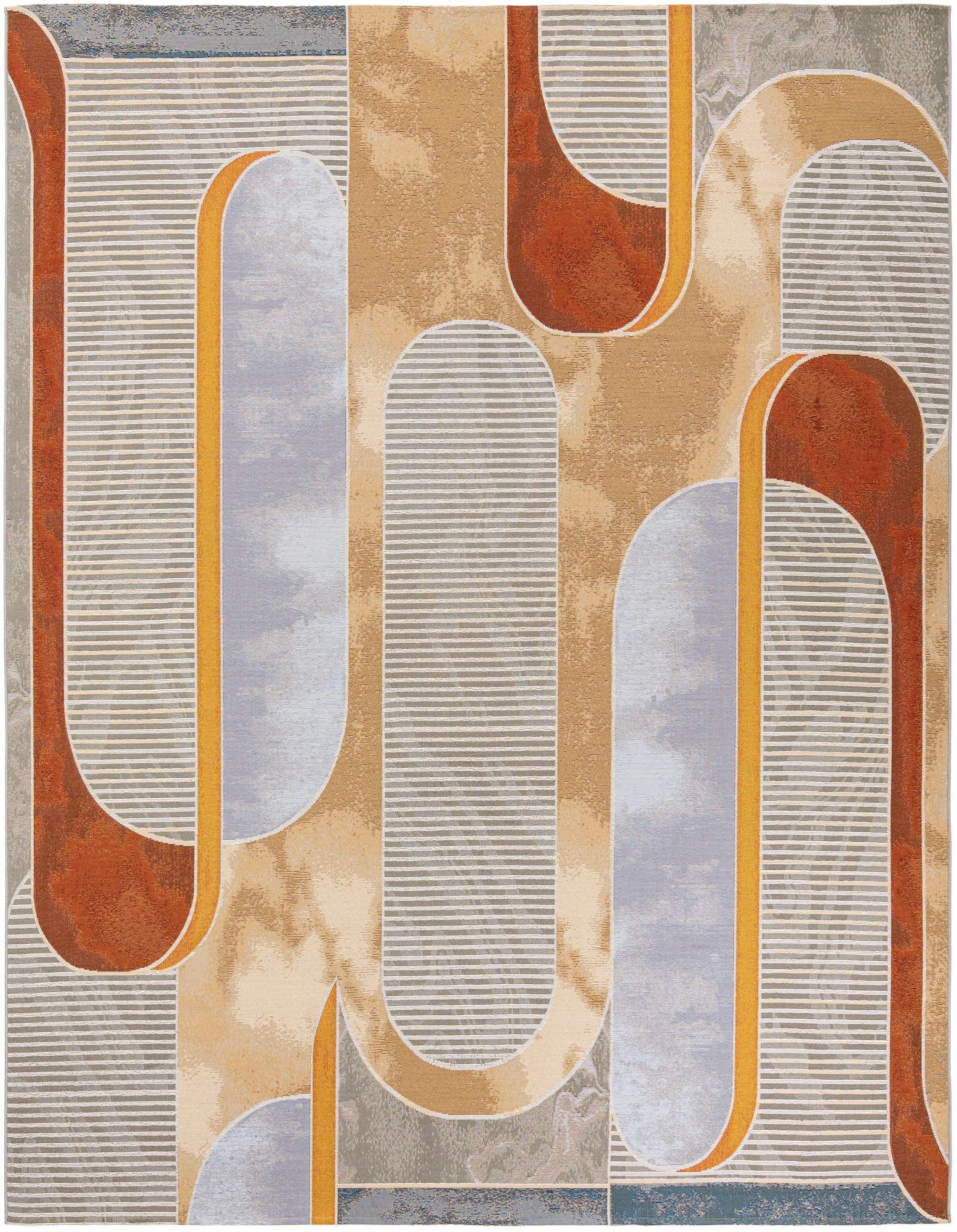 A multi-colored 10' 0 x 10' 0 square rug with a modern abstract pattern of interlocking geometric shapes in orange, gold, grey, and beige.