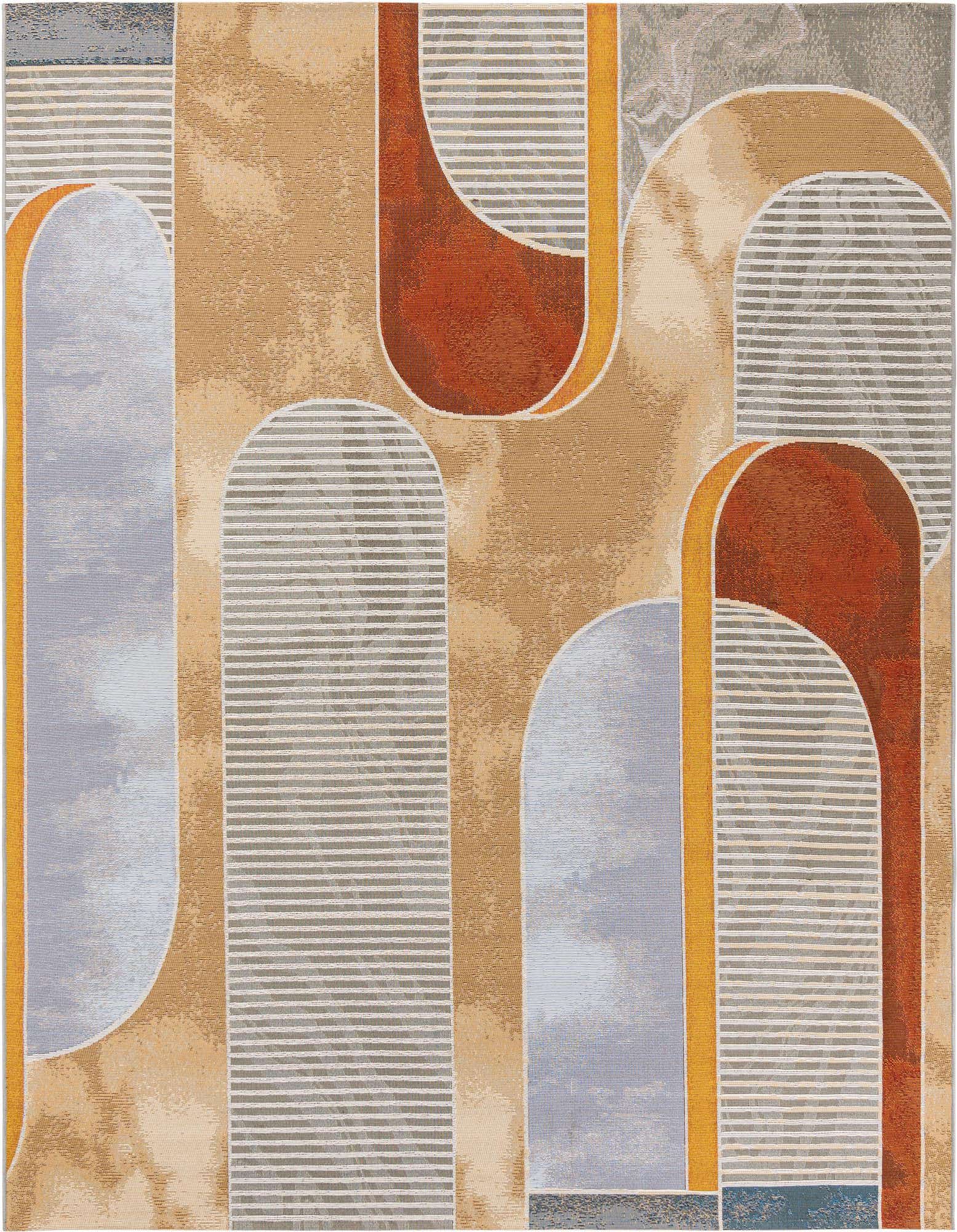 A multi-colored square rug with a contemporary abstract pattern featuring various arched shapes in rust, grey, and gold on a beige background.