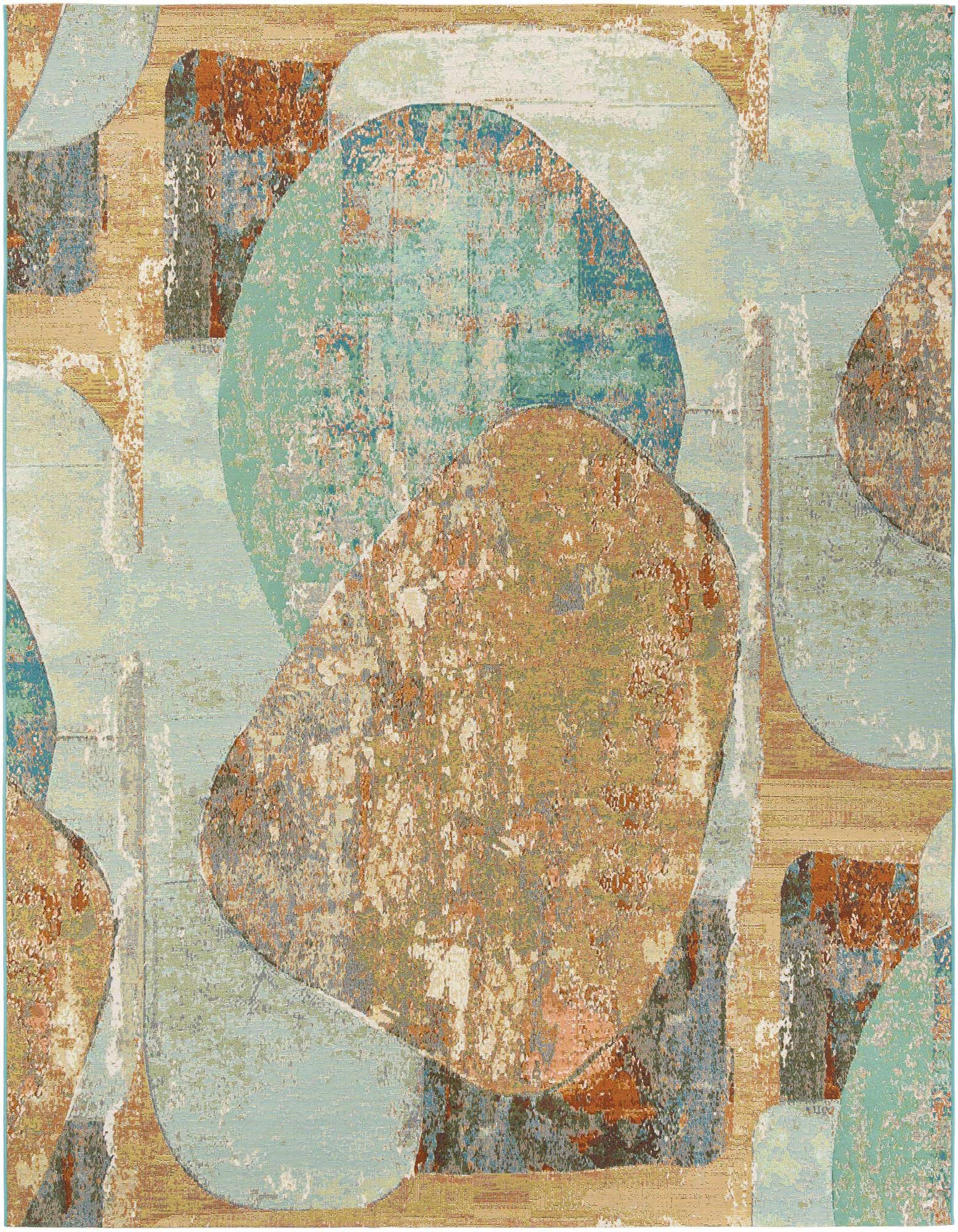 A 10'x10' square multi-colored modern abstract rug featuring large, overlapping organic shapes in teal, rust, and beige tones, suitable for indoor or outdoor use.
