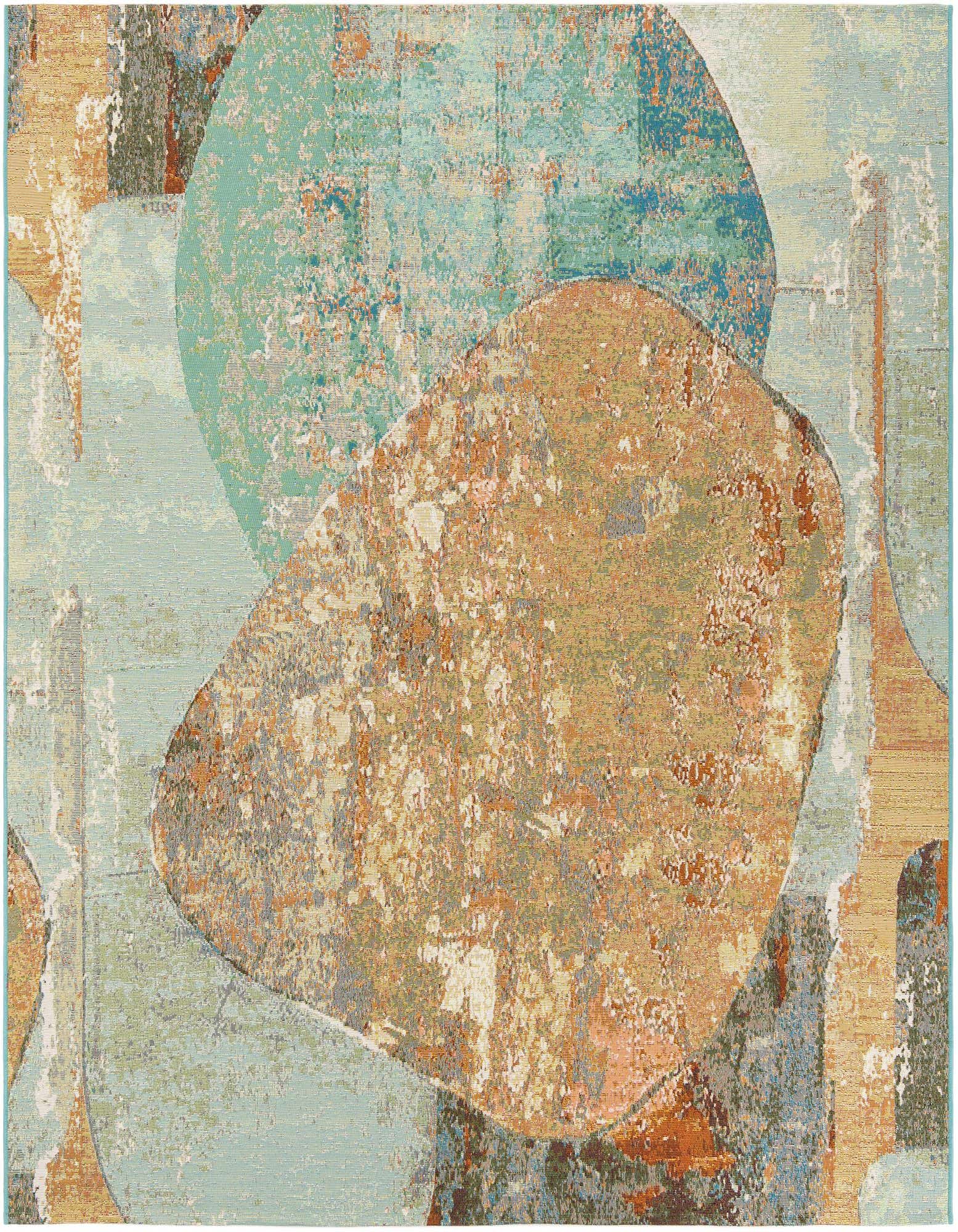 A multi-colored 7' 10 x 7' 10 square rug featuring an abstract modern design with large, overlapping organic shapes in teal, orange, and light blue.