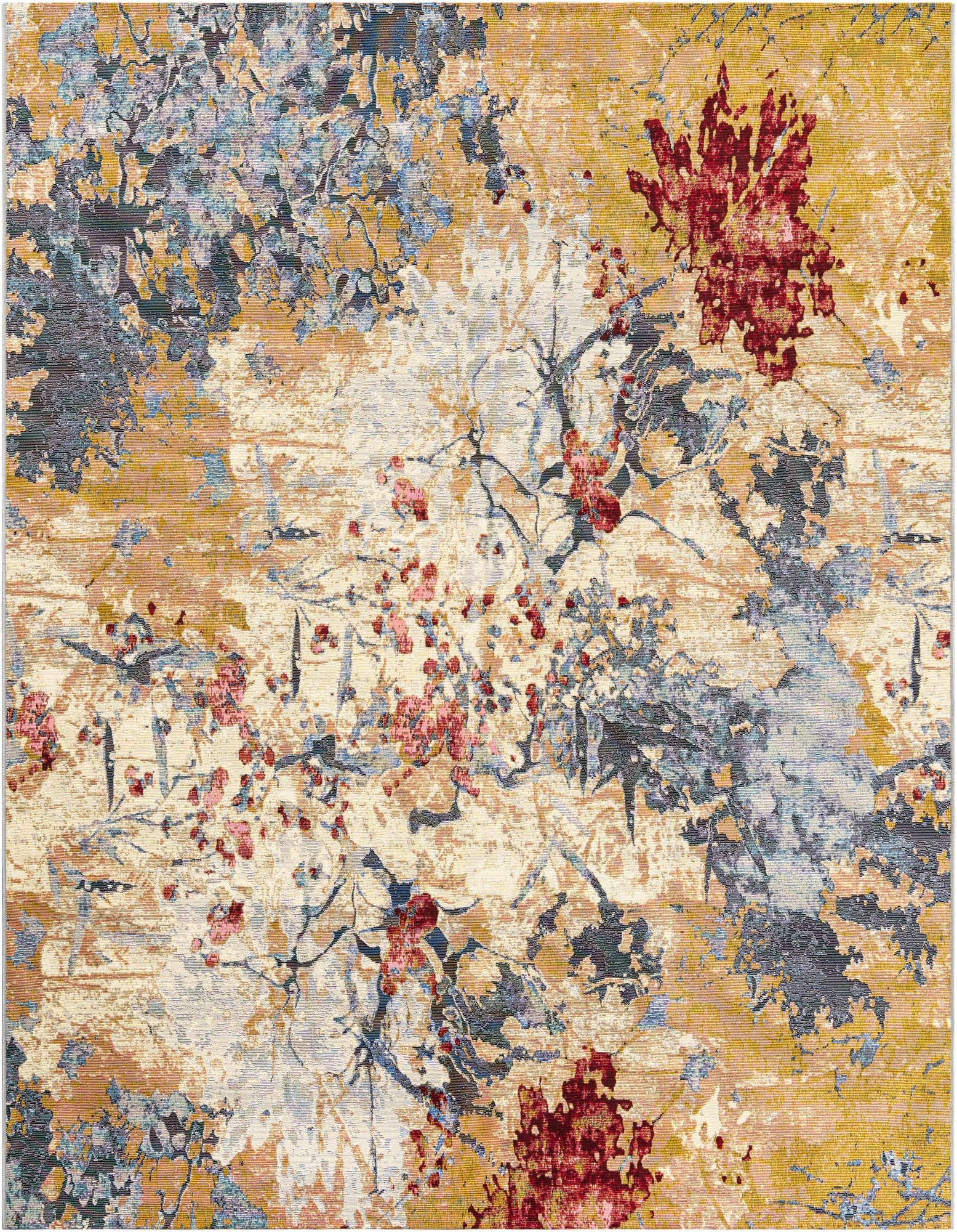A multi-colored square rug with an abstract, painterly floral design in shades of gold, blue, red, and cream.