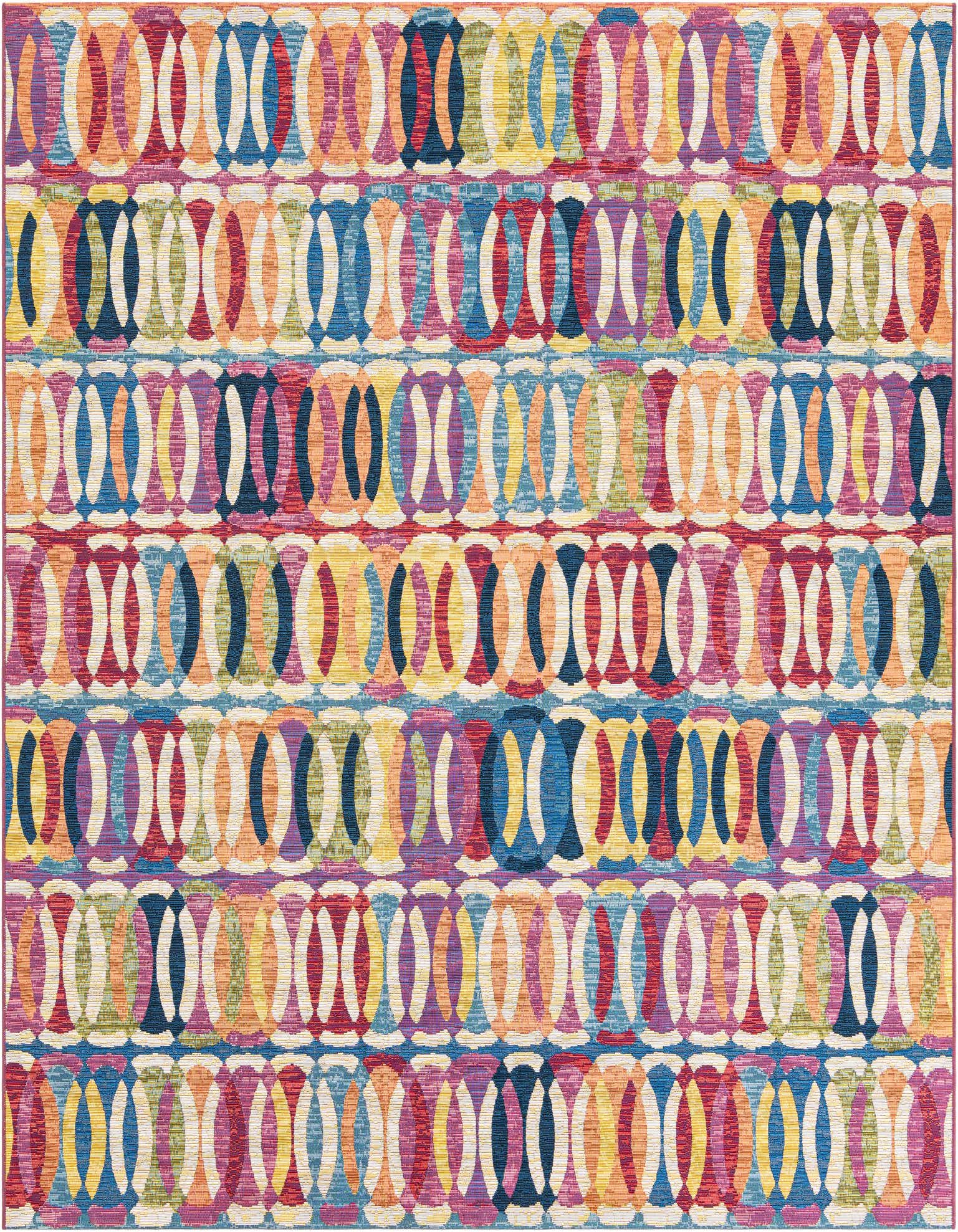 A vibrant 7'10 x 7'10 square multi-colored rug featuring a modern abstract pattern of interlocking oval shapes, suitable for indoor or outdoor use.