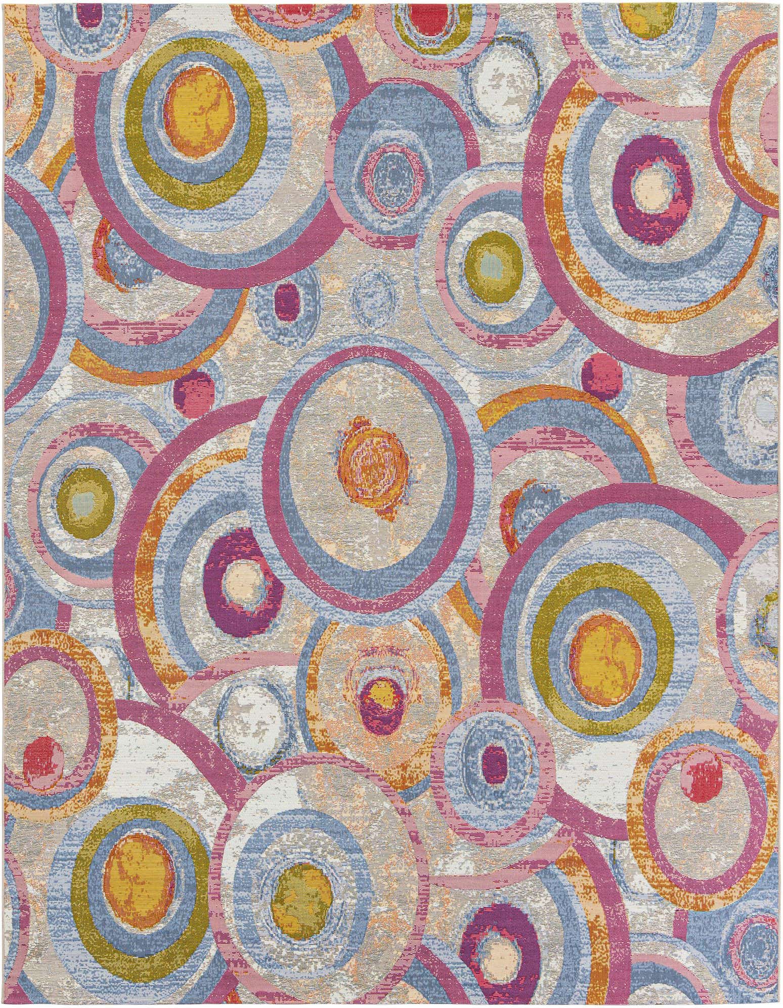 A 10' 0 x 10' 0 square multi-colored modern abstract rug with overlapping circles in various shades of pink, blue, orange, and yellow.