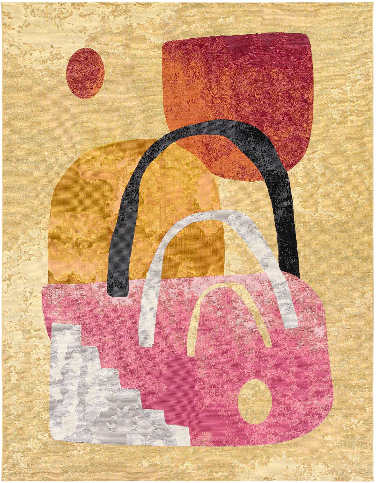 A 10' square multi-colored modern abstract rug featuring pink, orange, yellow, and black shapes on a textured gold background, suitable for a patio.