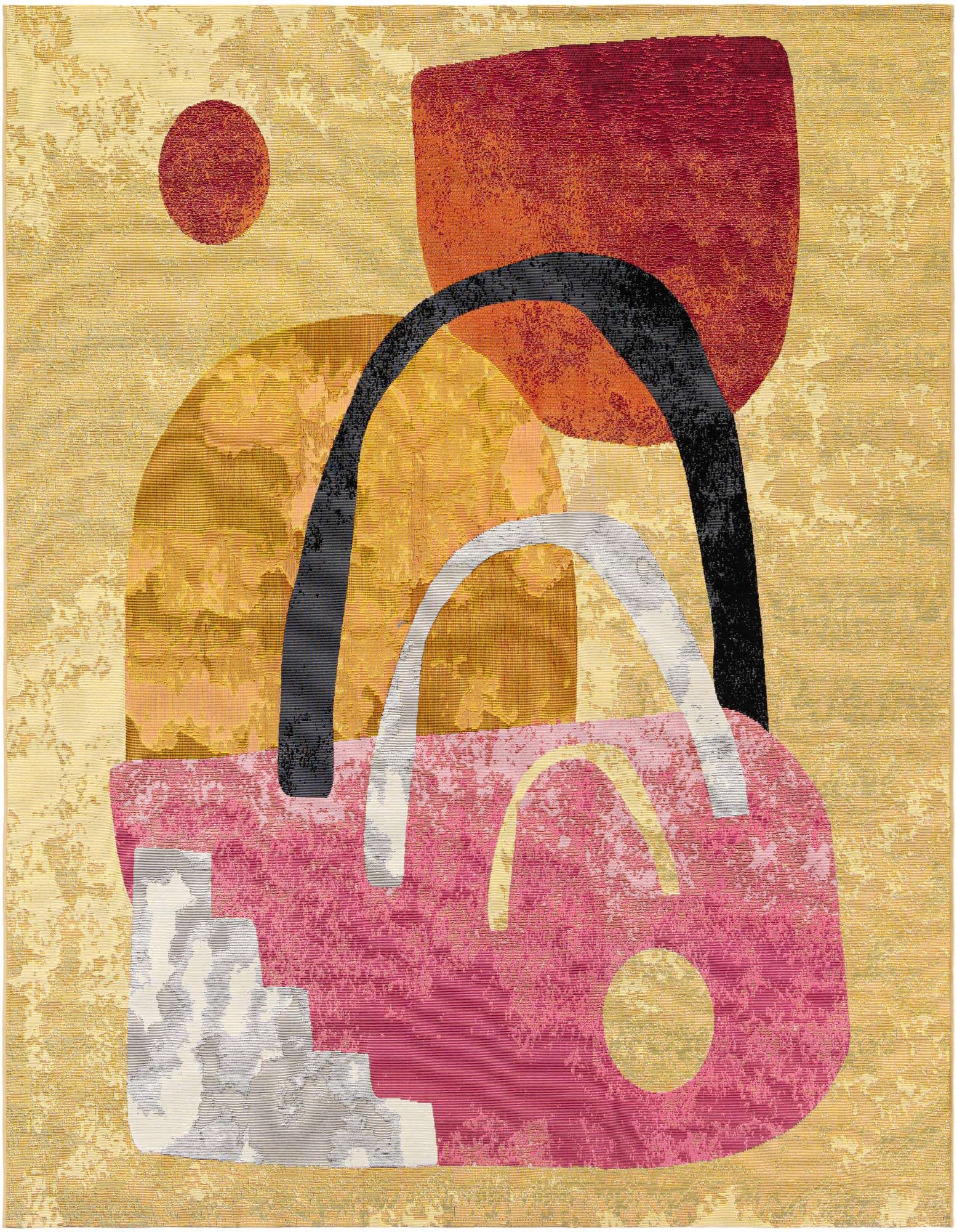 A vibrant 7' 10 x 7' 10 square rug featuring an abstract modern design with multi-colored shapes on a textured yellow background.