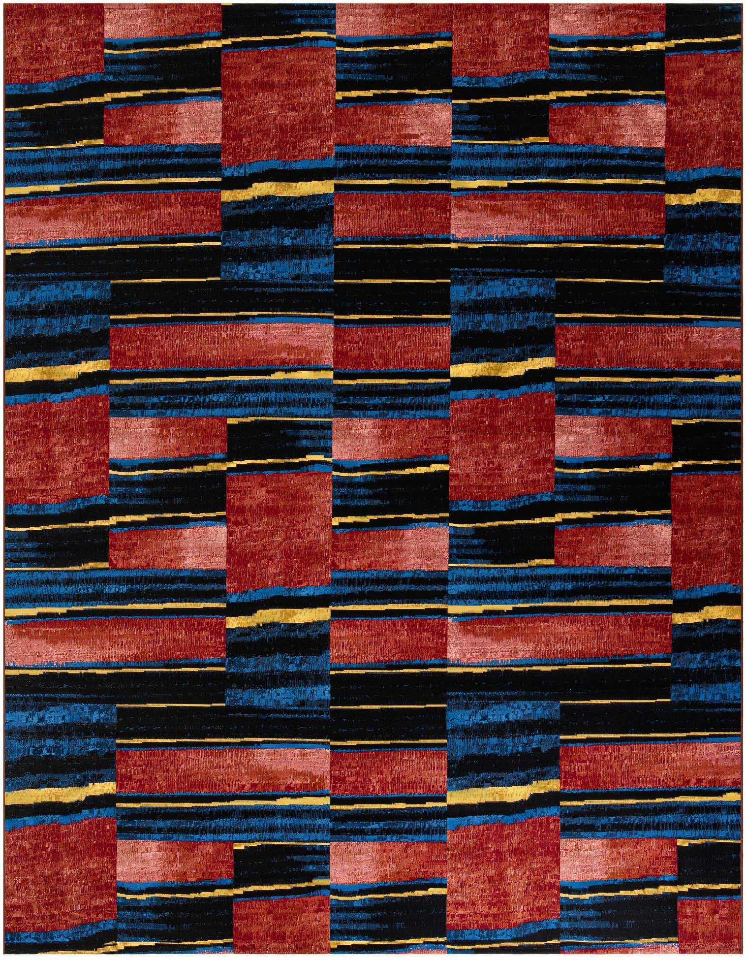 A 10'x10' square multi-colored modern rug with a bold stripe pattern in red, black, blue, and yellow.