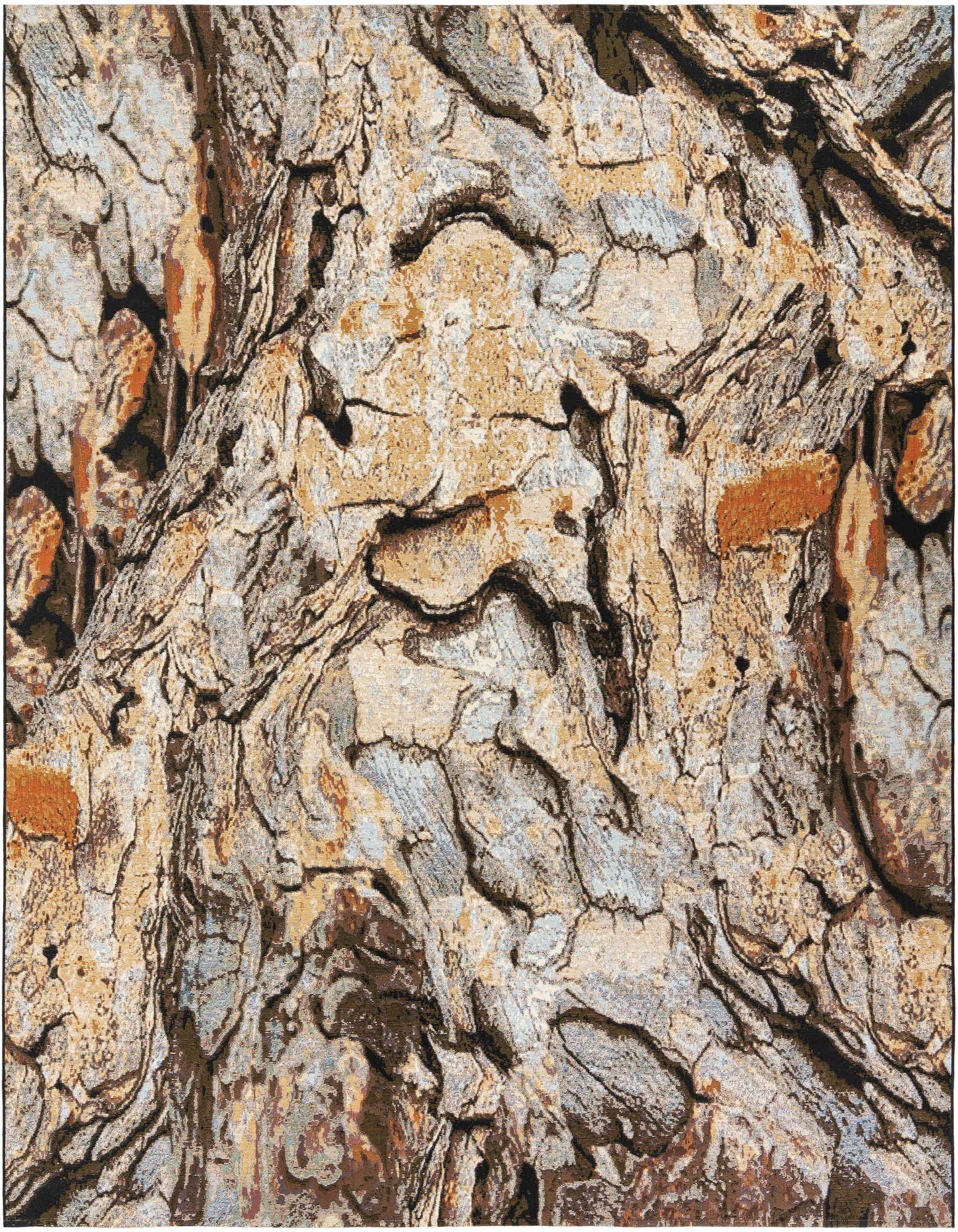 A square multi-colored modern abstract rug with a textured bark-like pattern, suitable for indoor or outdoor use.