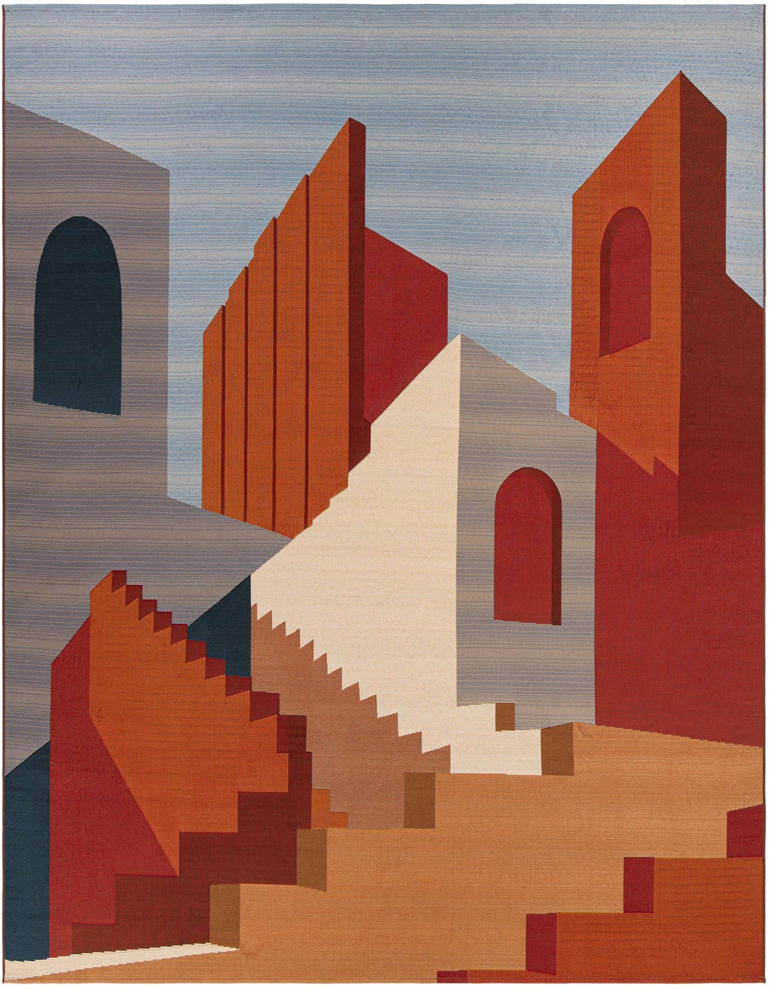 A multi-colored square rug featuring an abstract, modern Southwestern design with geometric shapes resembling buildings and stairs in shades of rust, terracotta, beige, and blue.