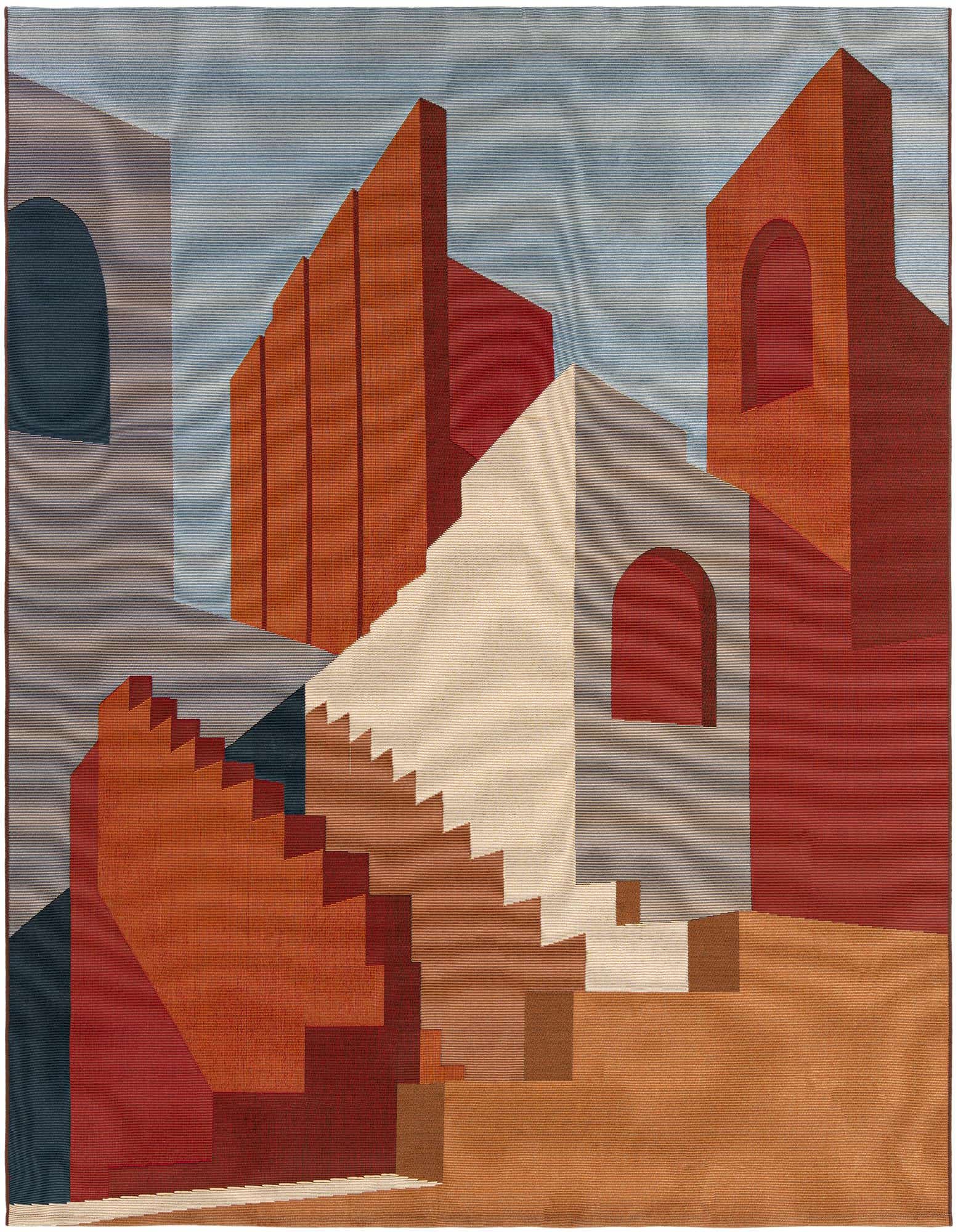 A 7' 10 x 7' 10 square multi-colored rug featuring an abstract Southwestern and Modern architectural design with stairs and arches in rust, red, cream, and blue.