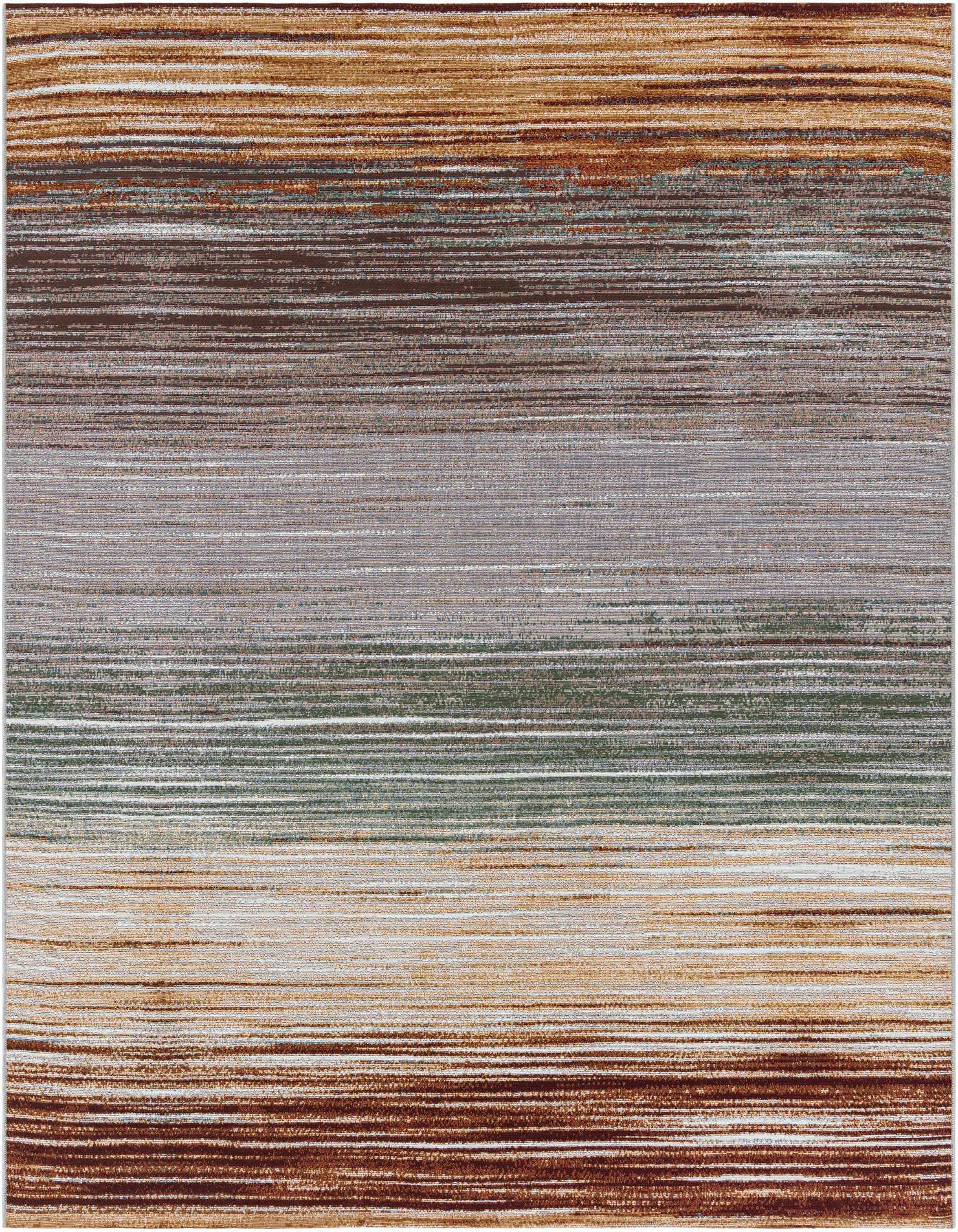 A square multi-colored modern rug with horizontal stripes in shades of brown, grey, green, and tan.