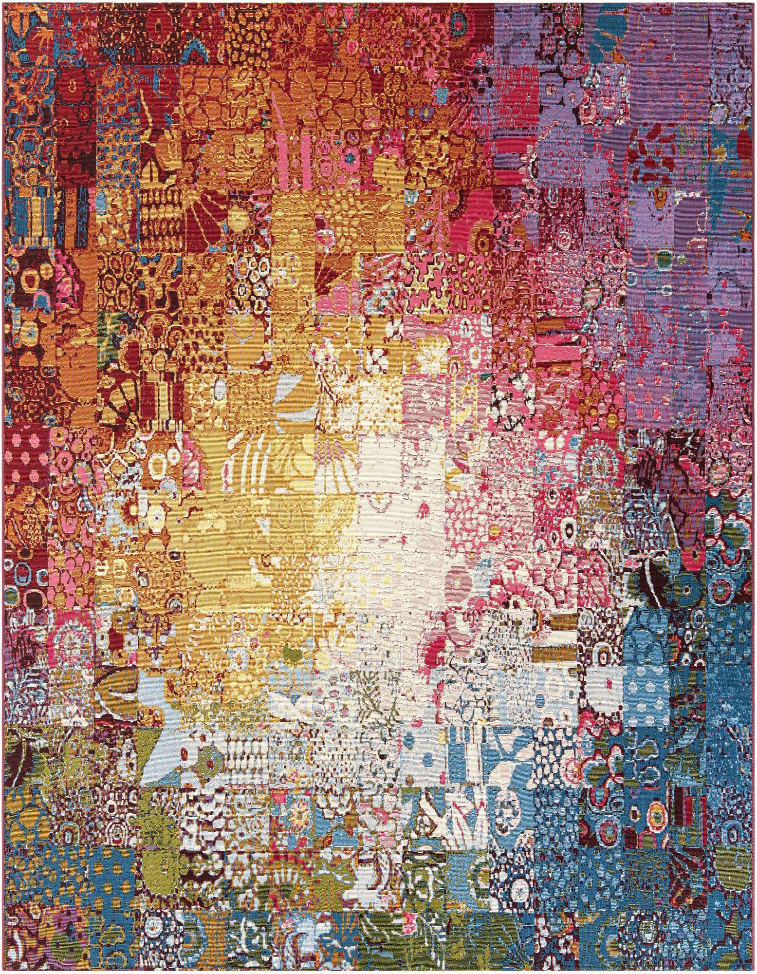 A vibrant 8'x8' square multi-colored modern abstract rug with a patchwork of various patterns, suitable for indoor or outdoor use.