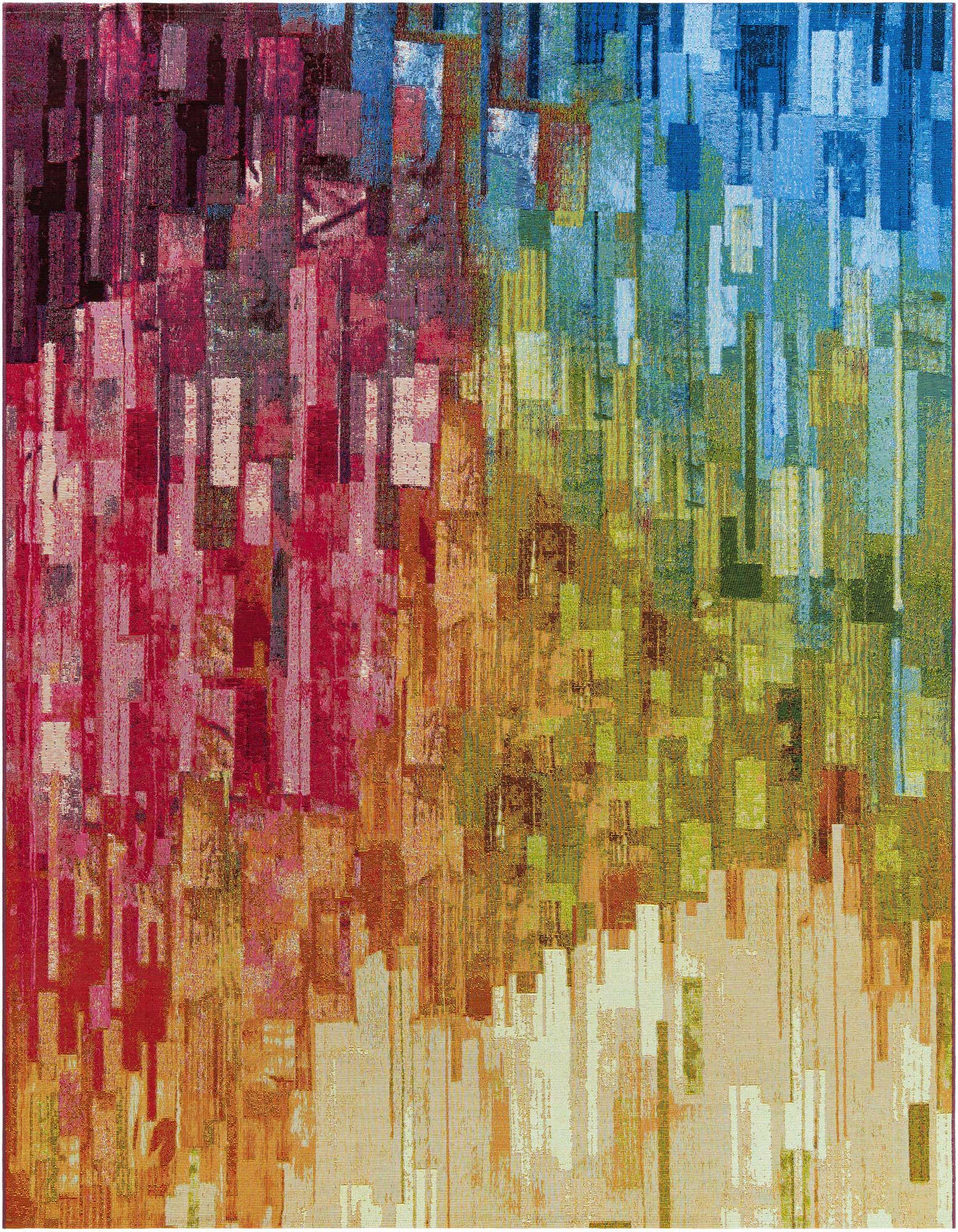 A vibrant 8'x8' square multi-colored abstract rug with a modern design, featuring a blend of red, orange, green, and blue hues in a pixelated pattern.