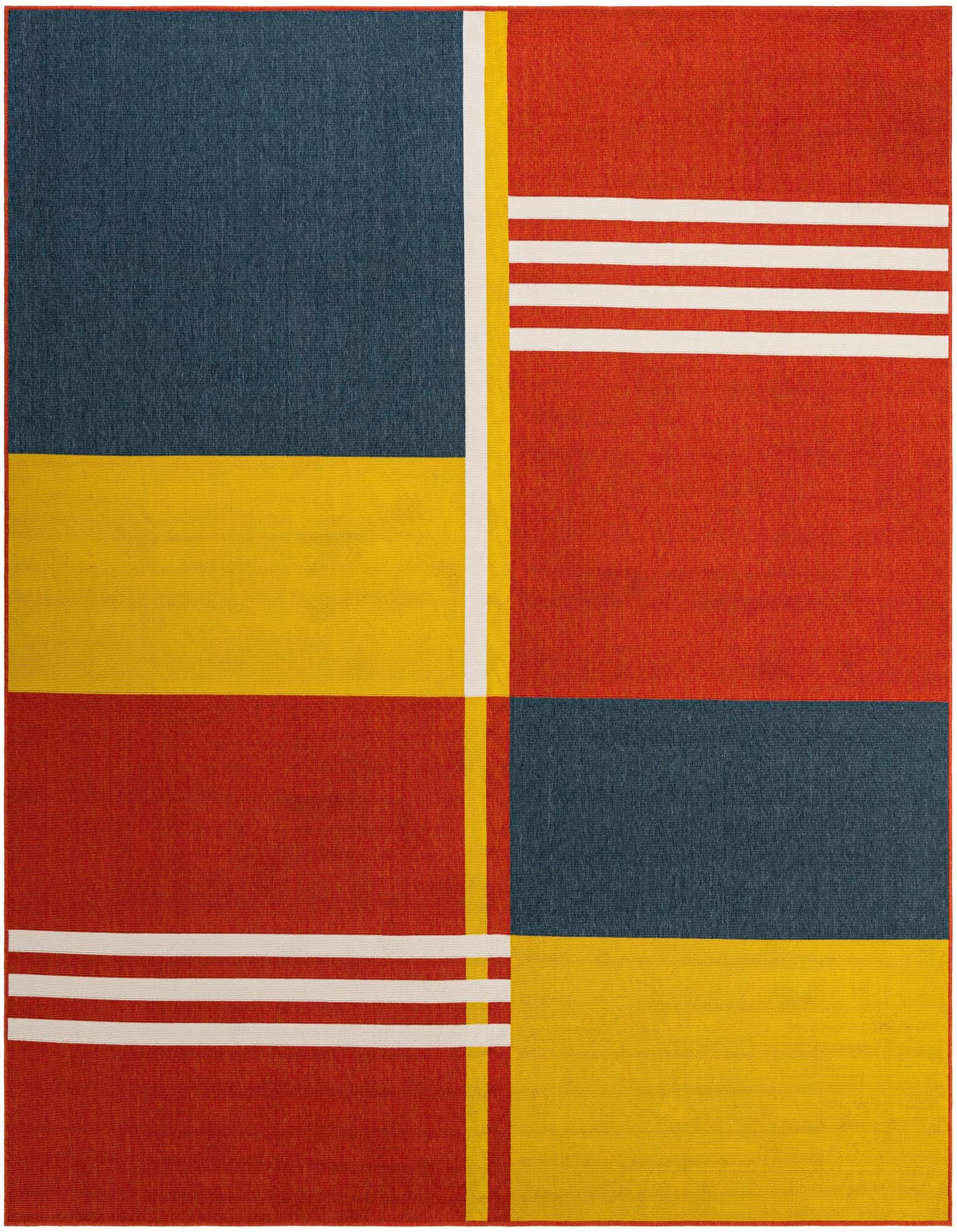 A 10' square modern abstract rug featuring large blocks of red, navy blue, and yellow, intersected by thin white and yellow lines.