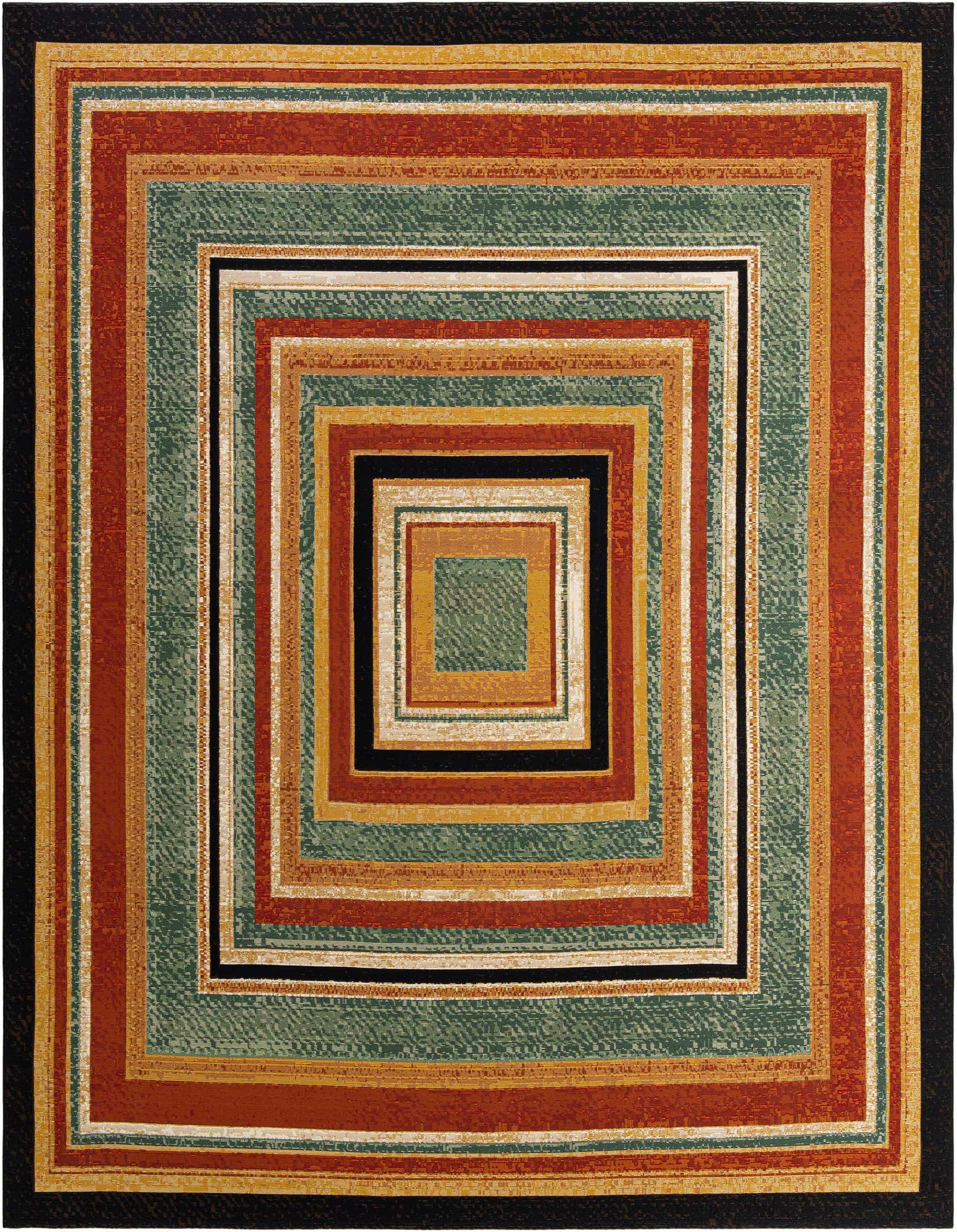 A 10' square multi-colored modern rug with concentric squares in shades of green, orange, red, and black.