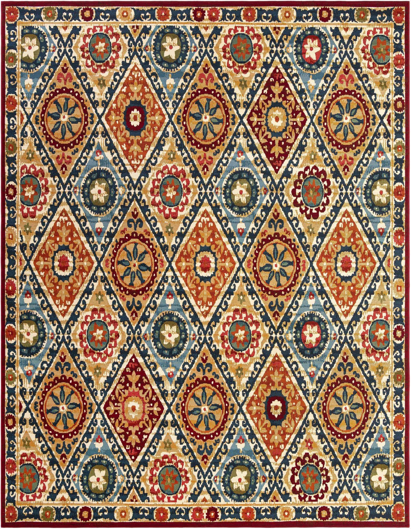 A multi-colored square rug with an intricate modern oriental pattern, featuring diamonds and floral medallions in shades of blue, red, orange, and gold, suitable for a patio.