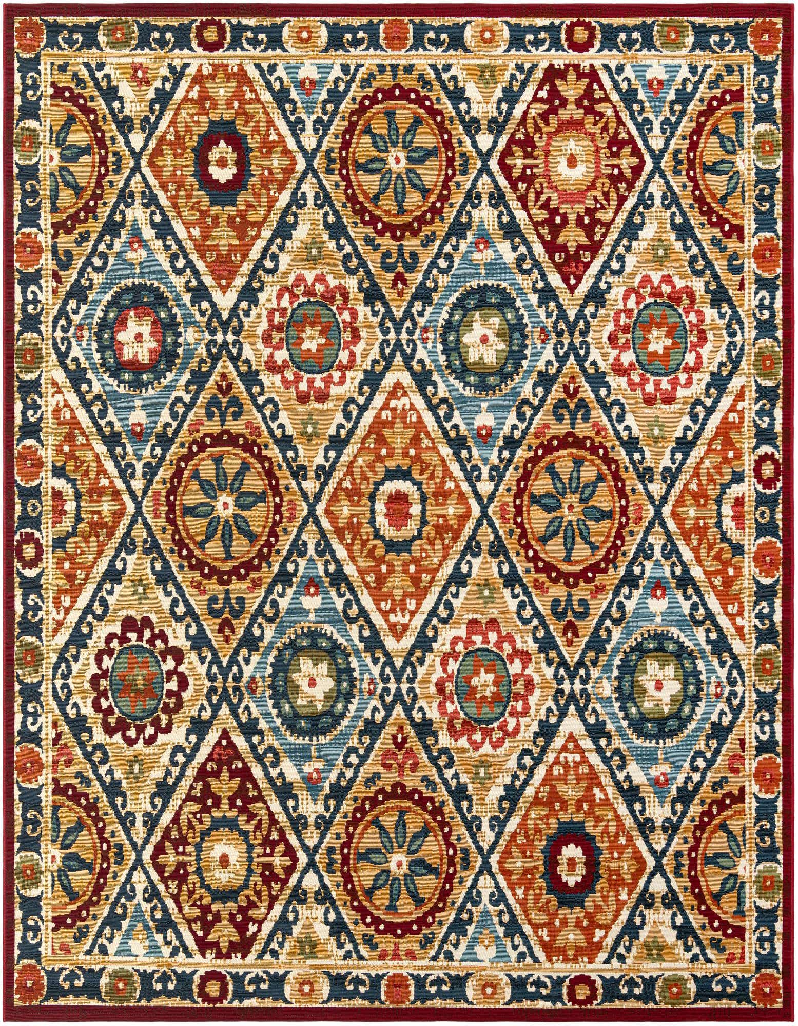 A vibrant 7' 10 x 7' 10 square multi-colored rug with a traditional geometric pattern, ideal for a patio.