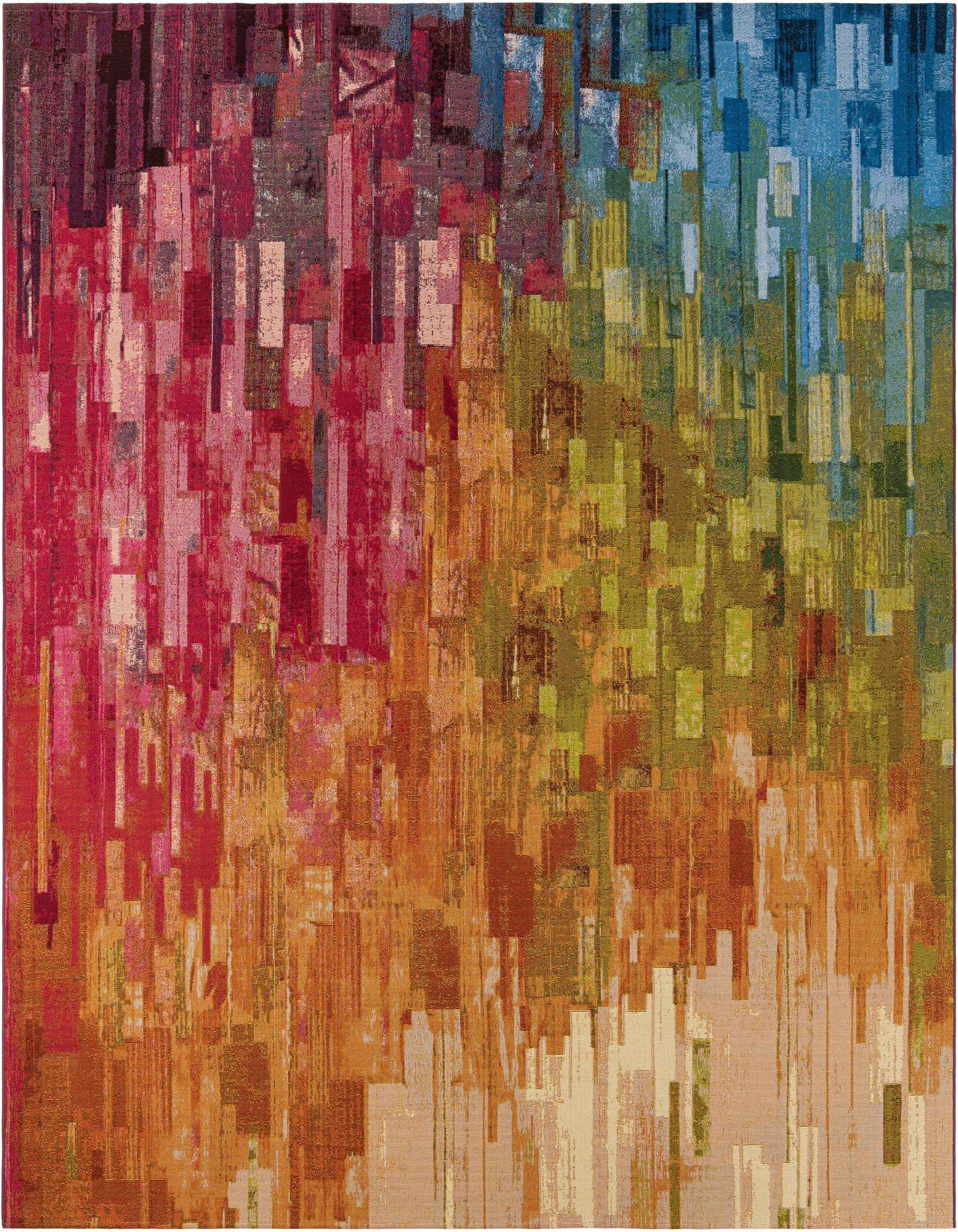 A vibrant 10'x10' square modern area rug featuring an abstract, pixelated design in multi-colored hues, transitioning from reds and oranges to greens and blues.