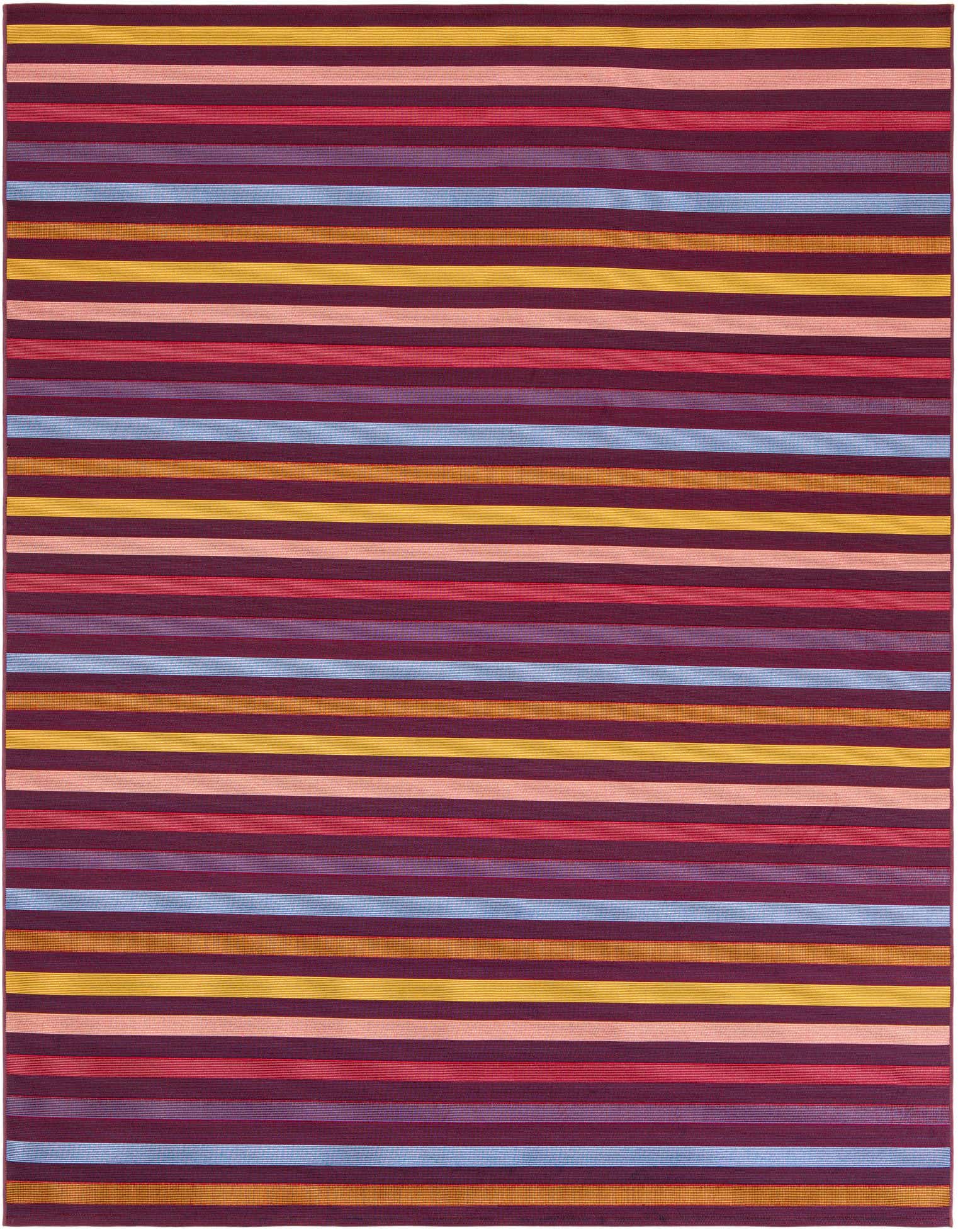 A 7' 10 x 7' 10 square multi-colored modern striped rug with bands of purple, blue, yellow, and pink, suitable for a patio.