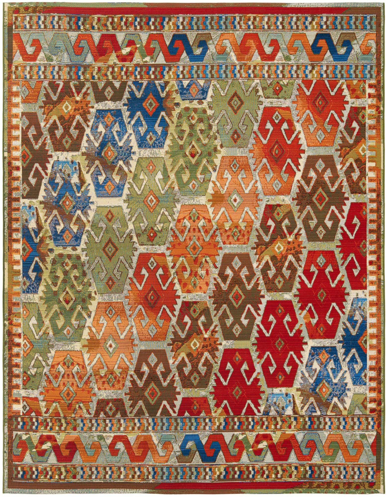 A vibrant 7' 10 x 7' 10 square multi-colored rug with a traditional geometric pattern, ideal for a patio.