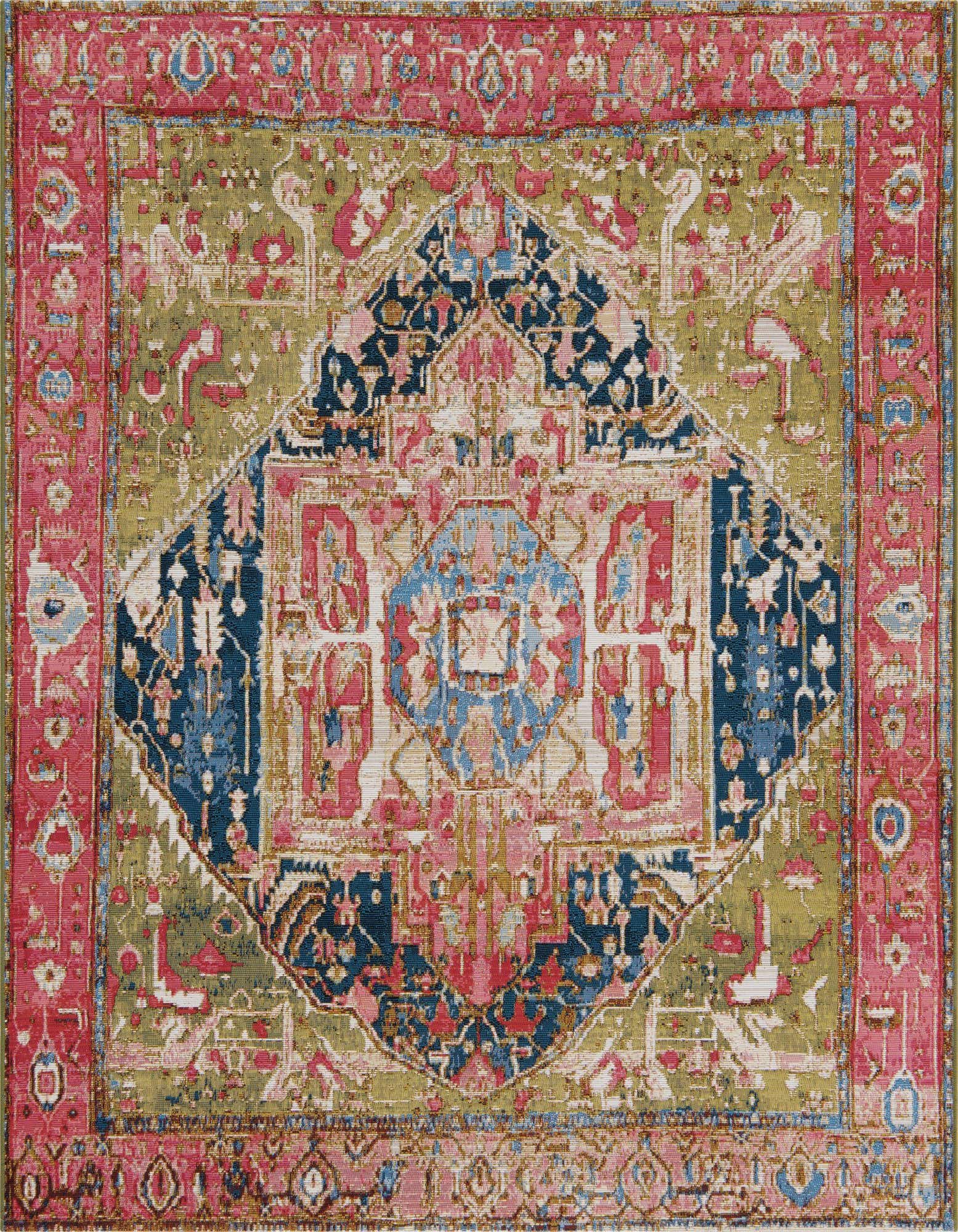 A 6'x6' square multi-colored traditional rug with a central medallion, featuring shades of pink, blue, and olive green, suitable for a patio.