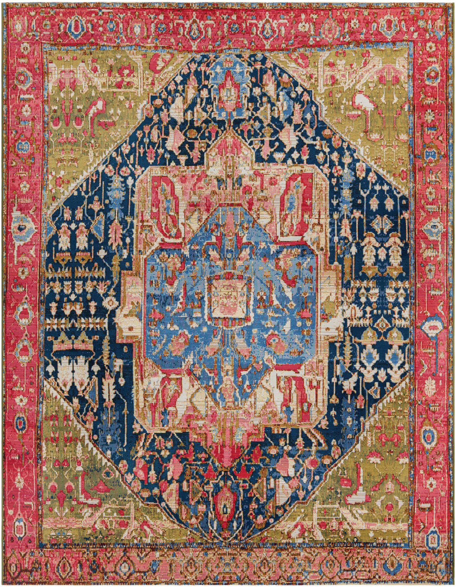 A multi-colored square rug featuring an intricate Oriental medallion design in shades of blue, pink, and olive green with a red border.