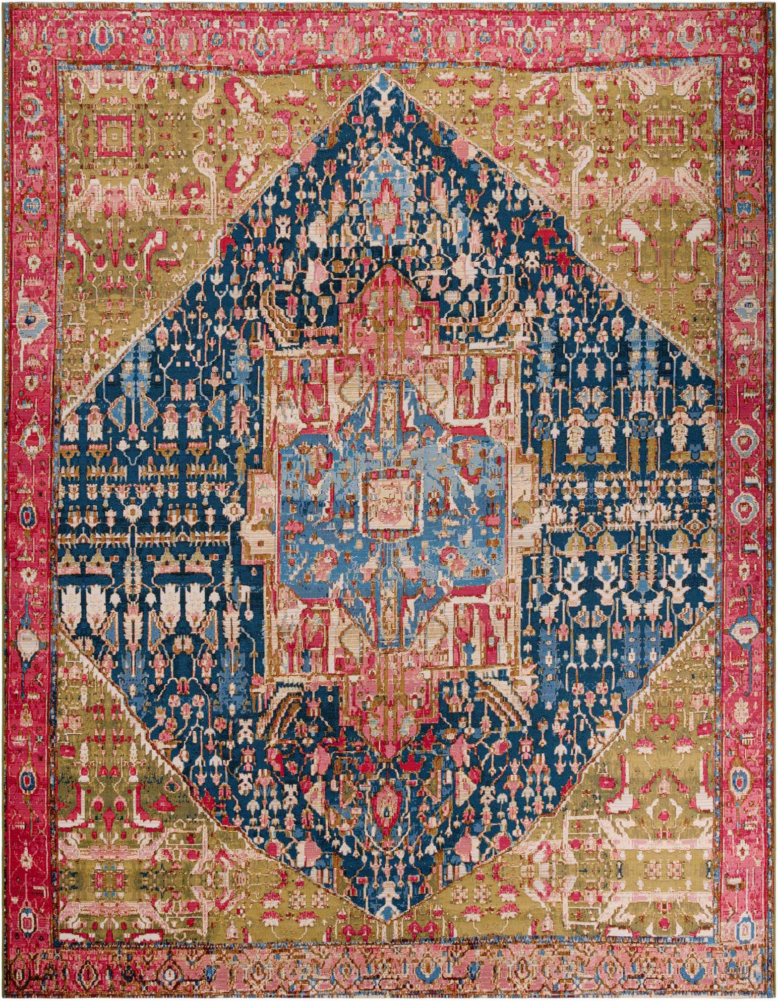 A vibrant 12'x12' square multi-colored rug with a traditional and modern pattern, featuring a large central blue diamond on an olive green field, bordered by a rich pink.