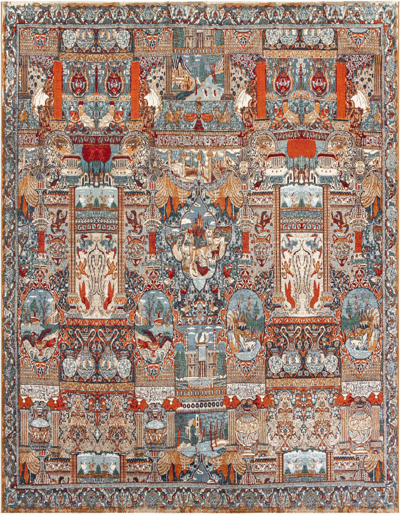 A multi-colored square rug featuring a detailed traditional pattern with various scenes, animals, and ornate motifs, suitable for a patio.
