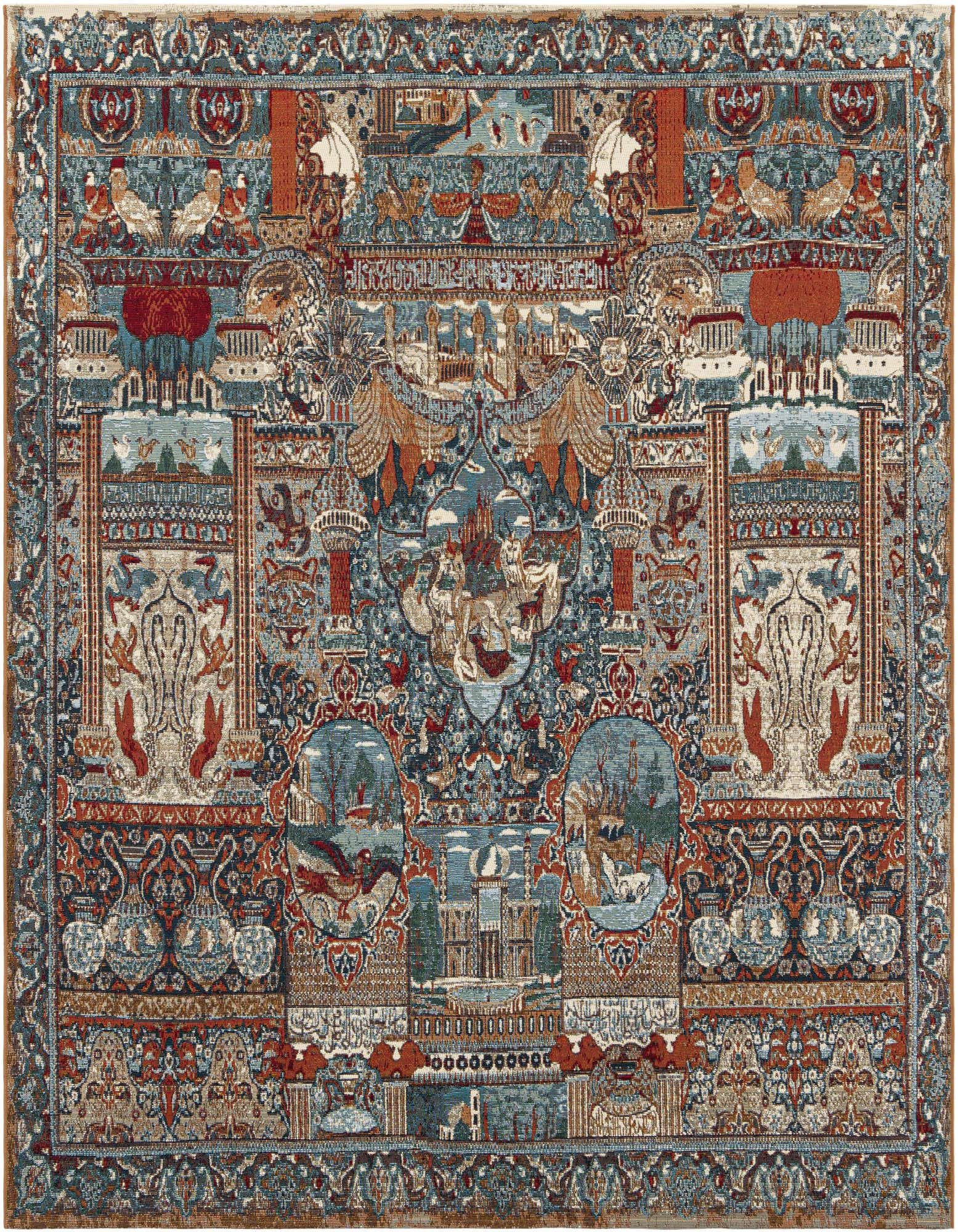 A multi-colored 7' 10 x 7' 10 square traditional rug featuring intricate patterns, animals, and architectural motifs in shades of blue, red, and beige.