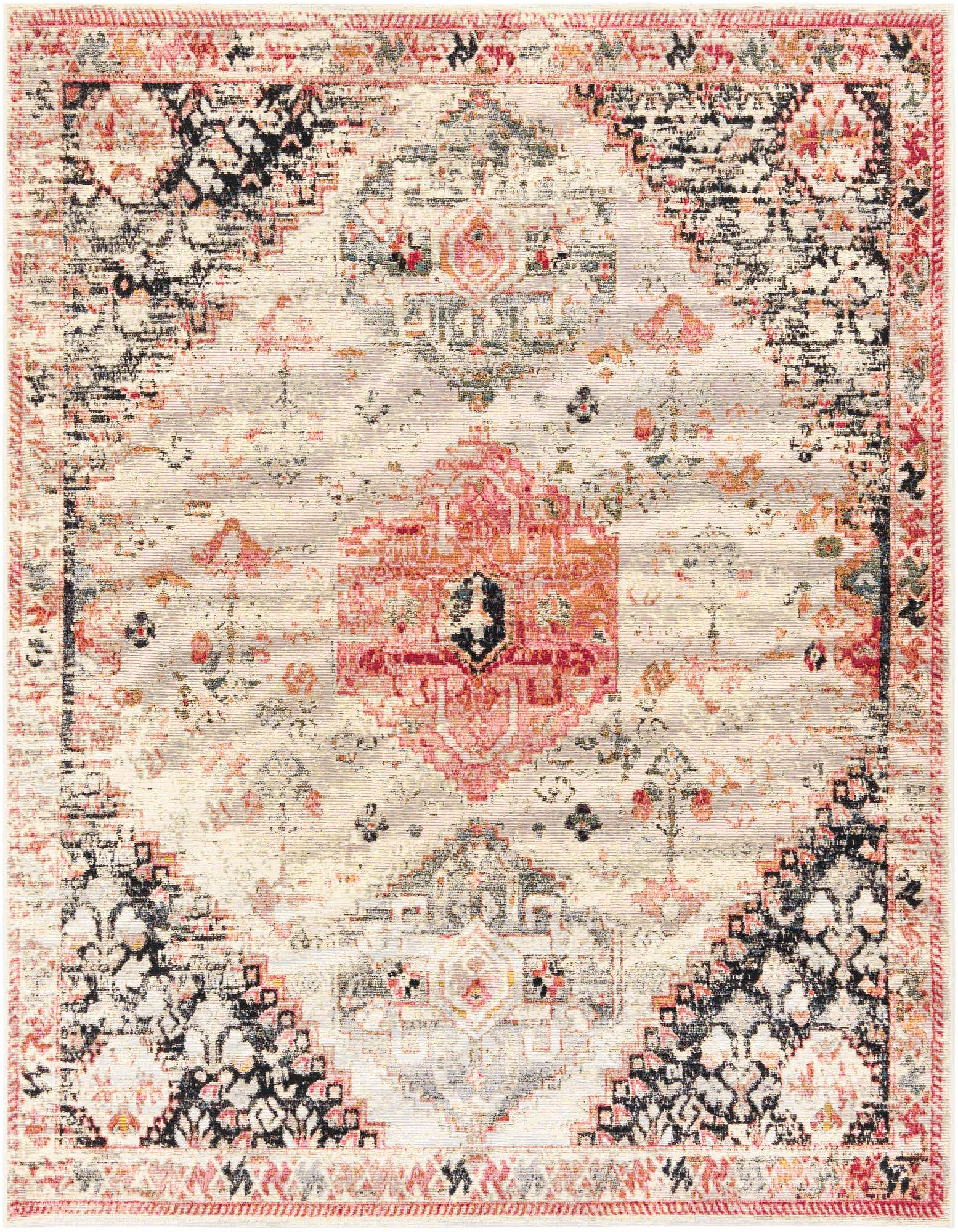 A 7' 10 x 7' 10 square multi-colored traditional medallion rug with distressed patterns in pink, orange, black, and grey.