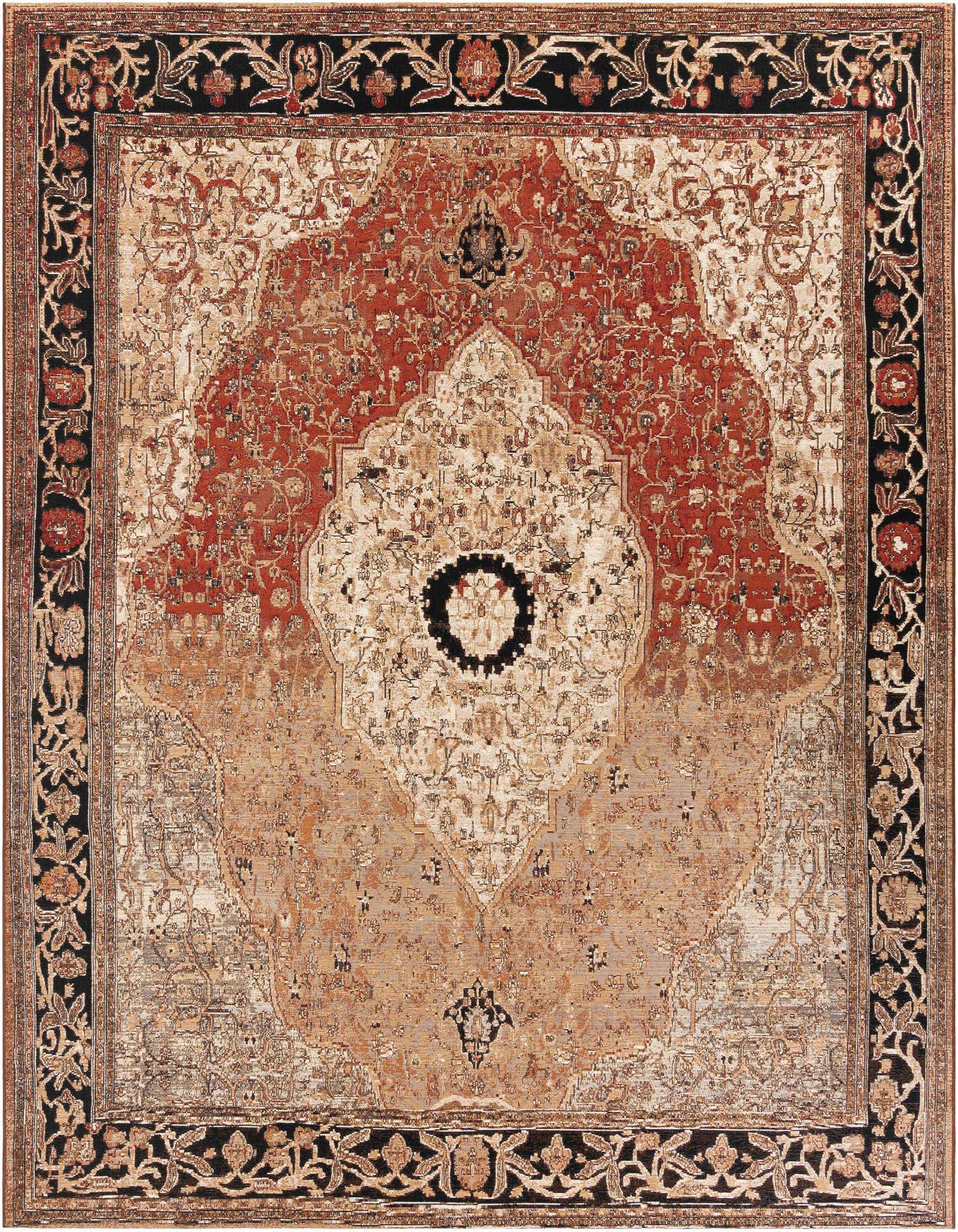 A 10'x10' multi-colored square rug with a traditional medallion pattern in red, cream, and black, suitable for a patio.