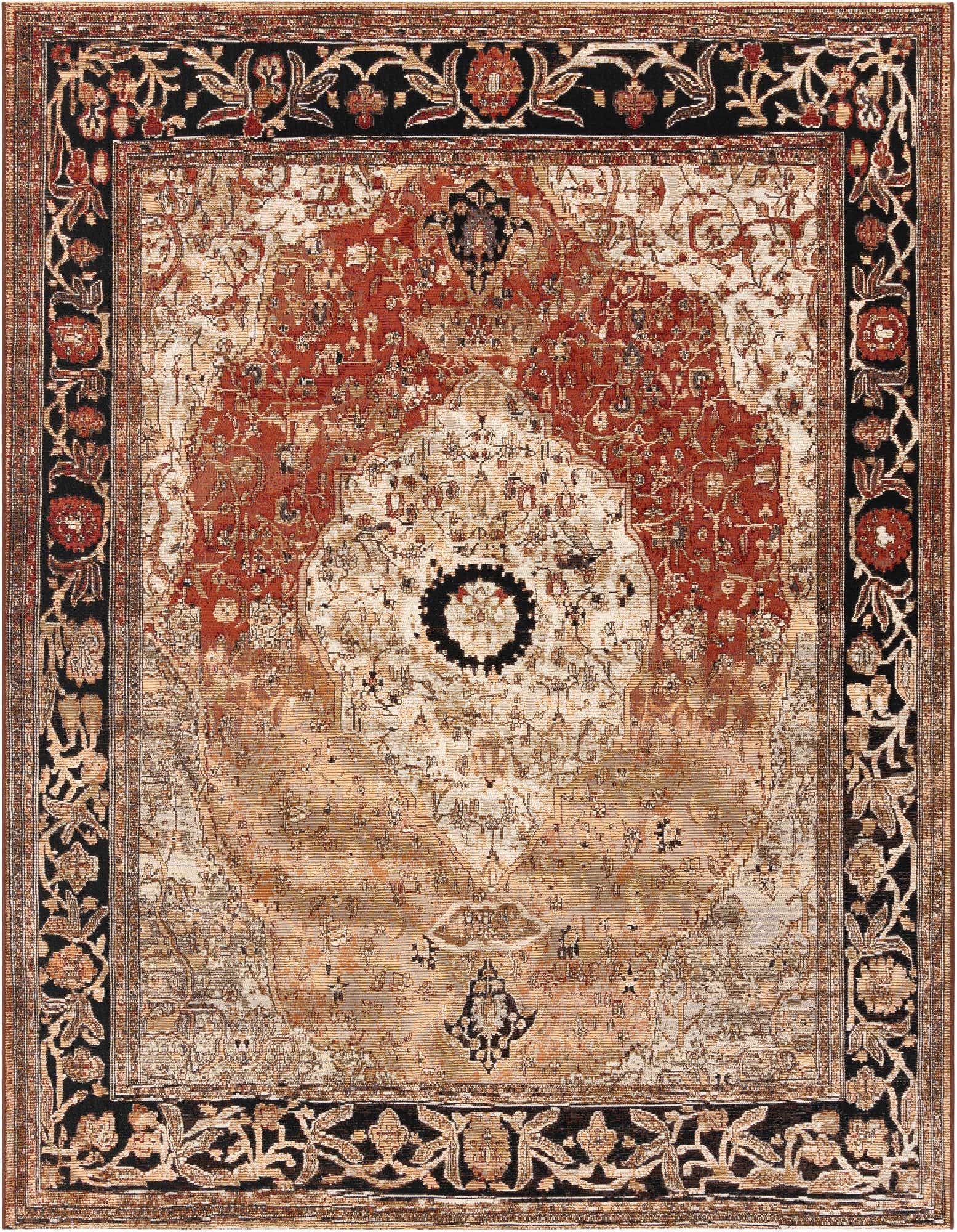 A multi-colored 7' 10 x 7' 10 square rug with a traditional medallion pattern, featuring shades of red, beige, and black, suitable for a patio.