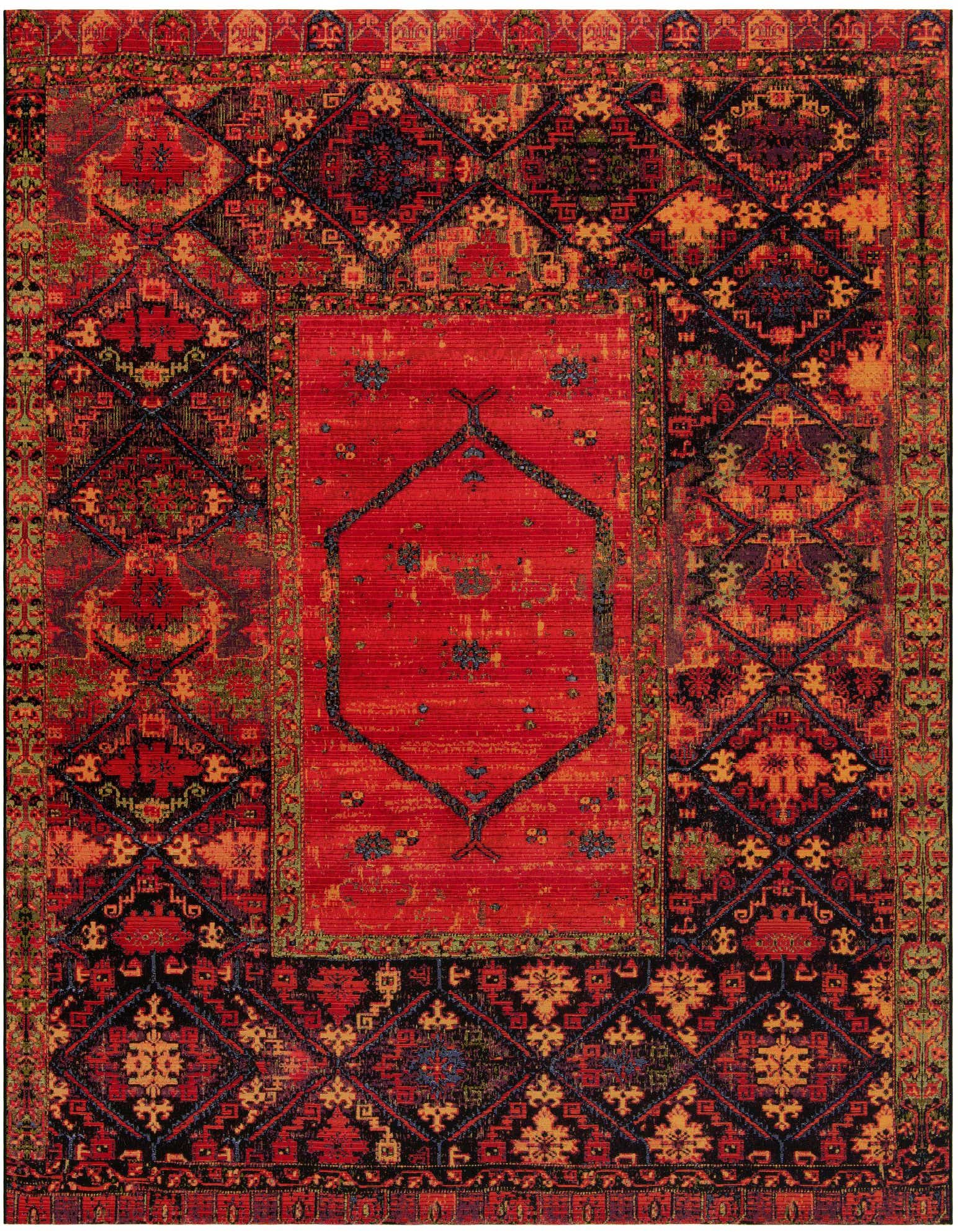 A 10'x10' square multi-colored Southwestern rug with a central red medallion and intricate tribal patterns.