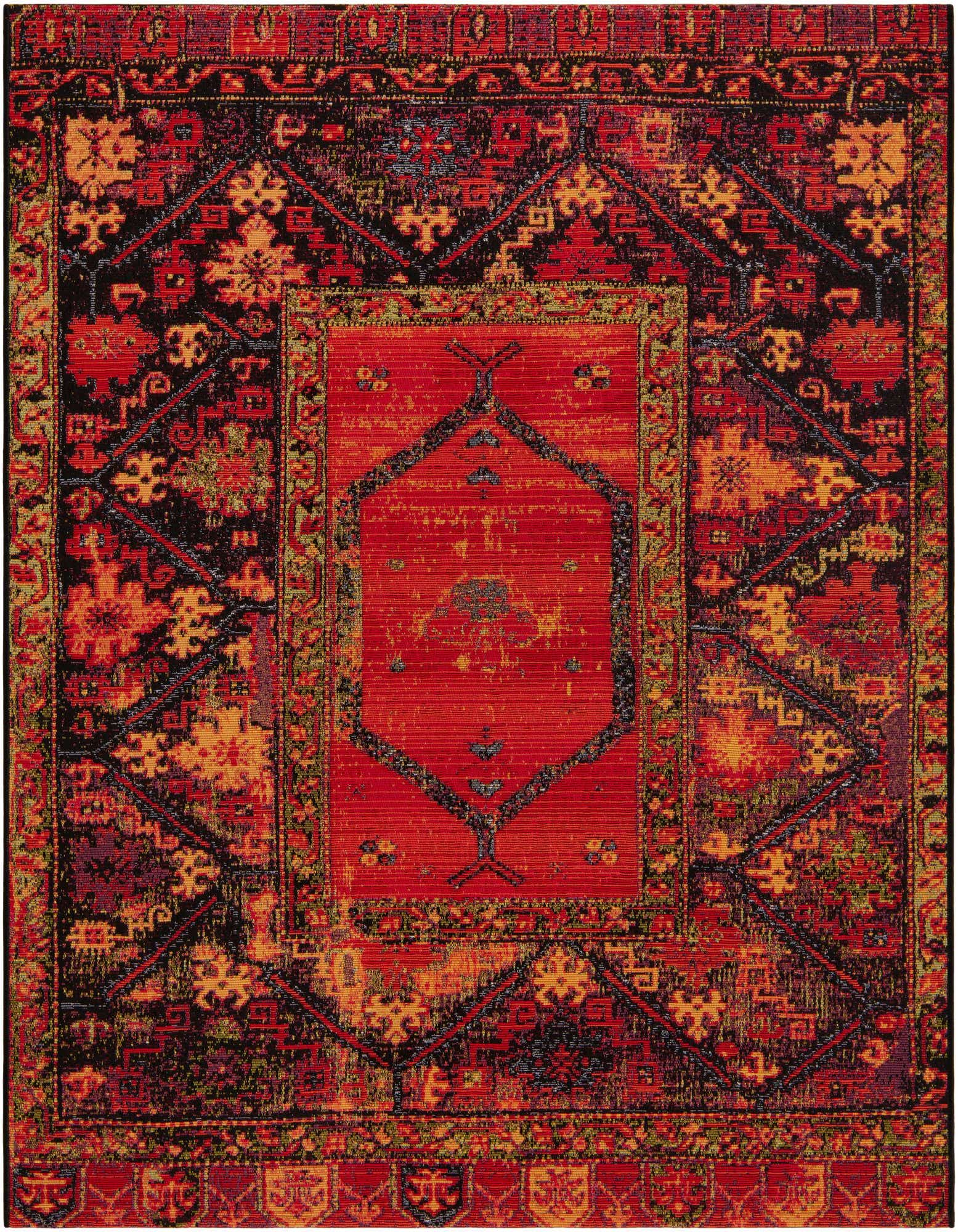 A 5' 3 x 5' 3 square multi-colored outdoor tribal rug featuring a vibrant red medallion and black, orange, and green accents.