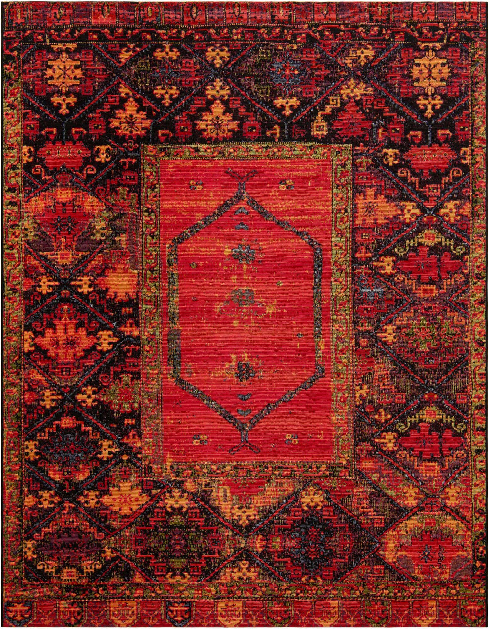 A vibrant 7'10" x 7'10" square multi-colored tribal rug with a central medallion and distressed oriental patterns, suitable for a patio.