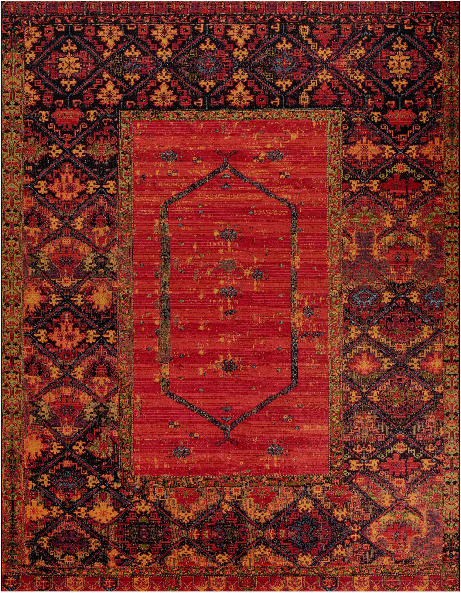 A 12'x12' square multi-colored Southwestern rug with a distressed red center and a dark tribal border.