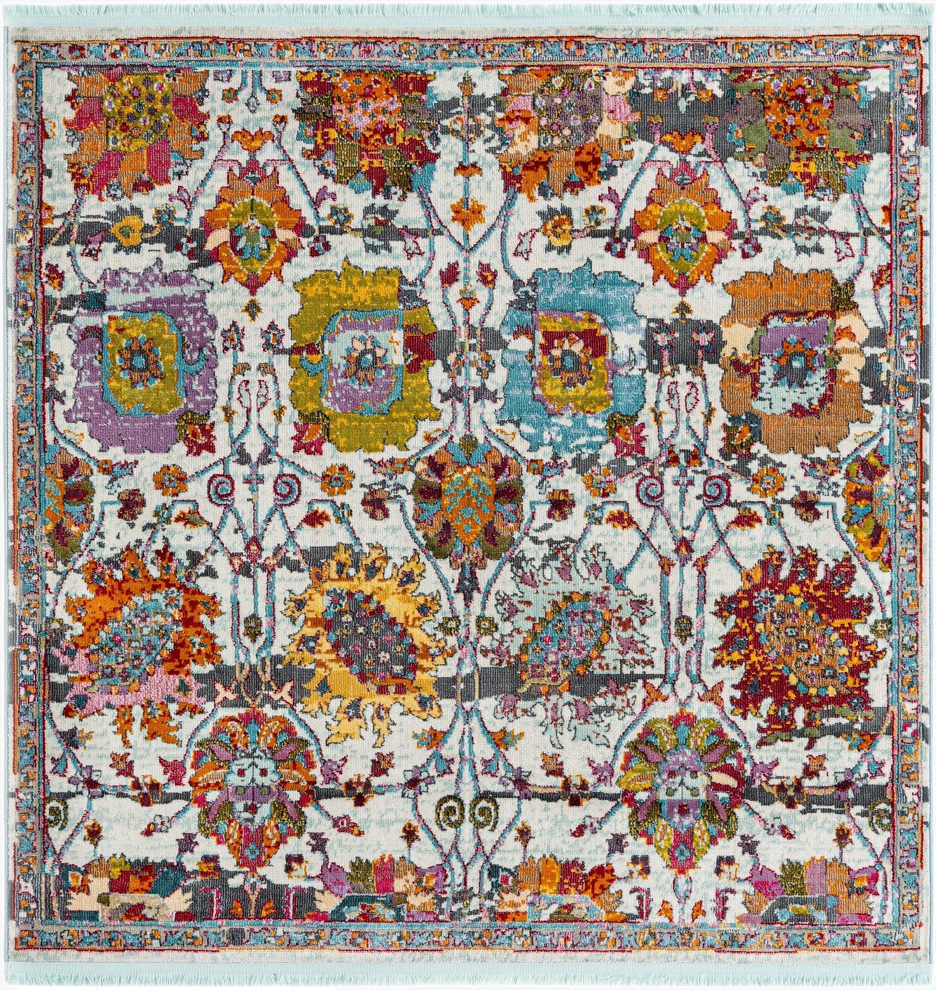 A 5' 5 x 5' 5 square multi-colored traditional floral rug with a vintage look and thin pile.
