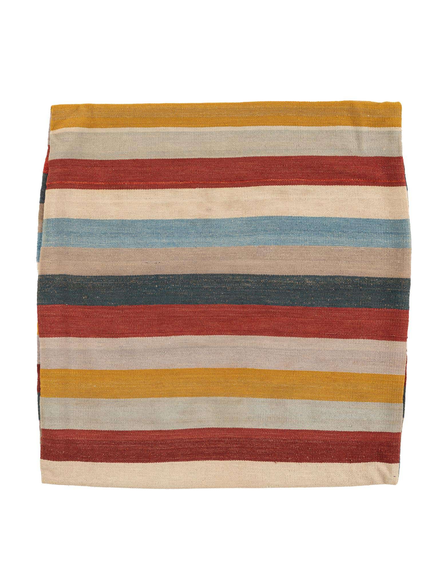 A 3' 2 x 3' 3 square multi-colored wool rug with horizontal stripes in shades of red, blue, yellow, and beige.