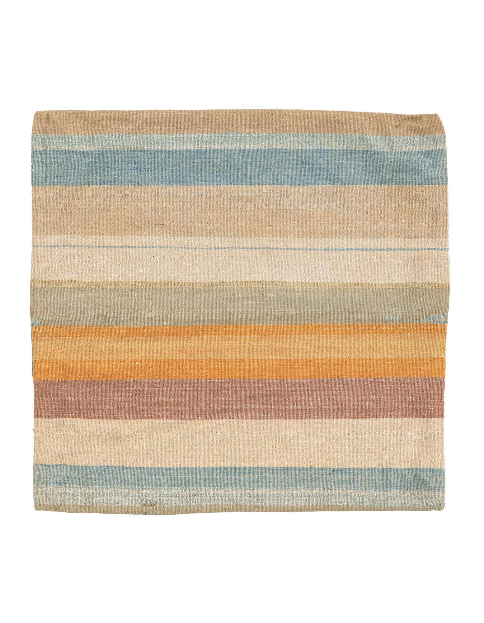 A square, multi-colored wool rug featuring horizontal stripes in varying widths of blue, beige, orange, and brown.