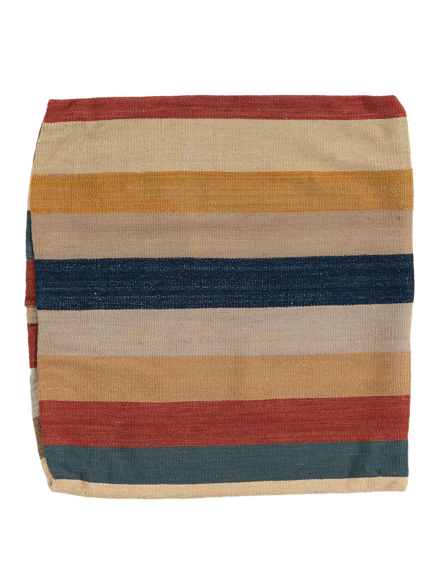 A square, multi-colored wool rug featuring horizontal stripes in shades of red, beige, gold, blue, and teal.