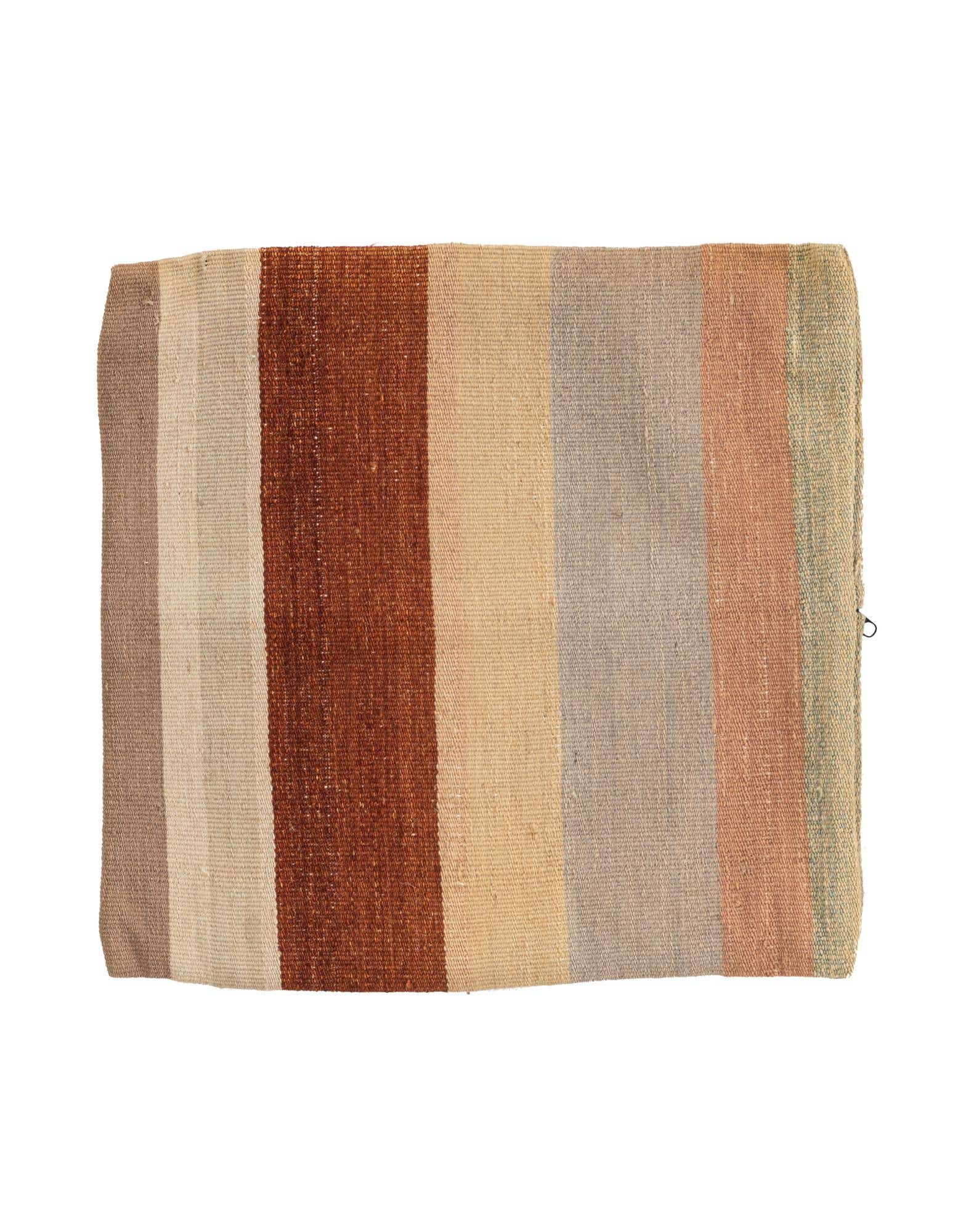 A square, multi-colored wool rug featuring vertical stripes in shades of brown, beige, grey, and rust.