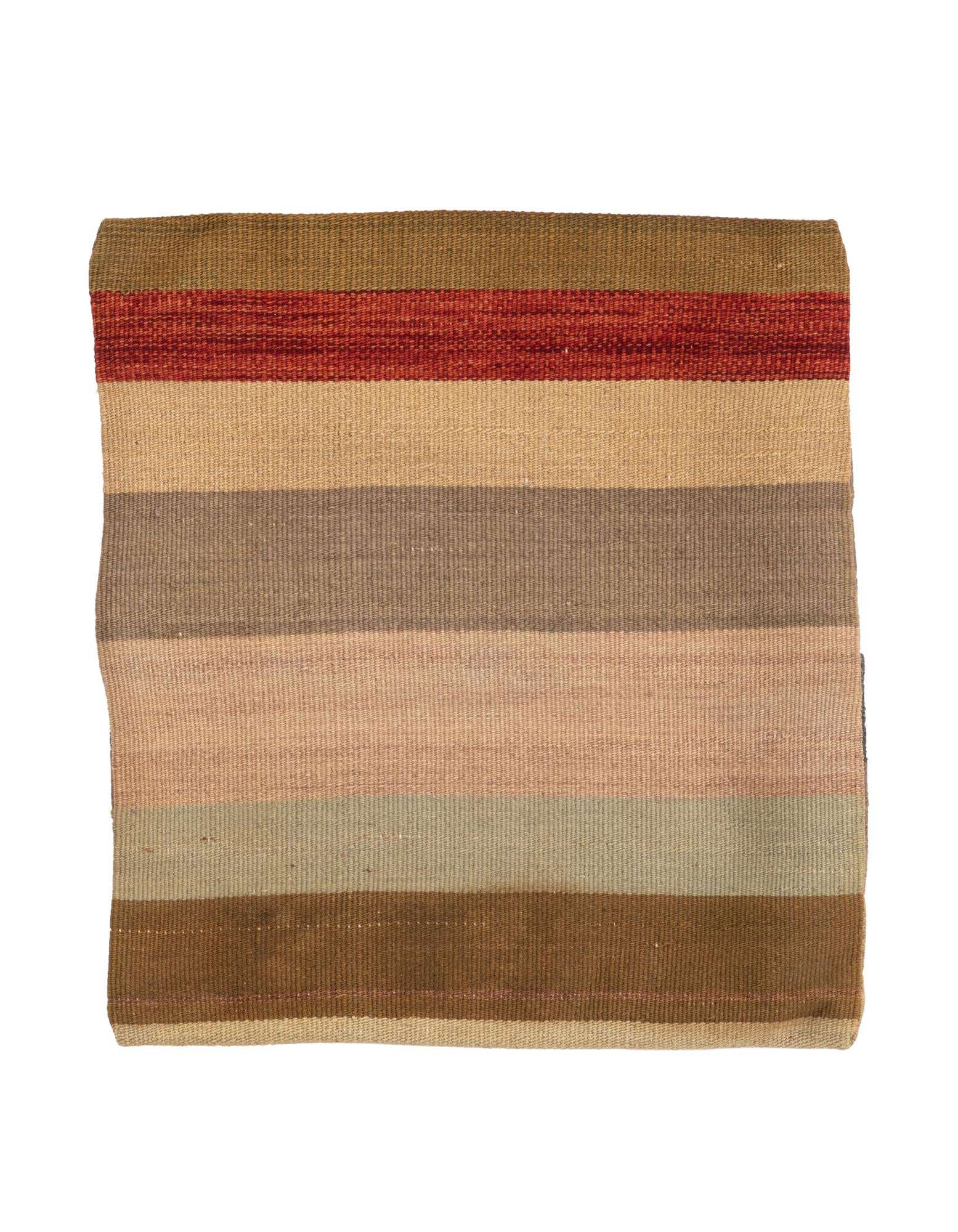 A square, multi-colored wool rug with horizontal stripes in shades of red, beige, brown, and green, showcasing its medium pile and handmade texture.