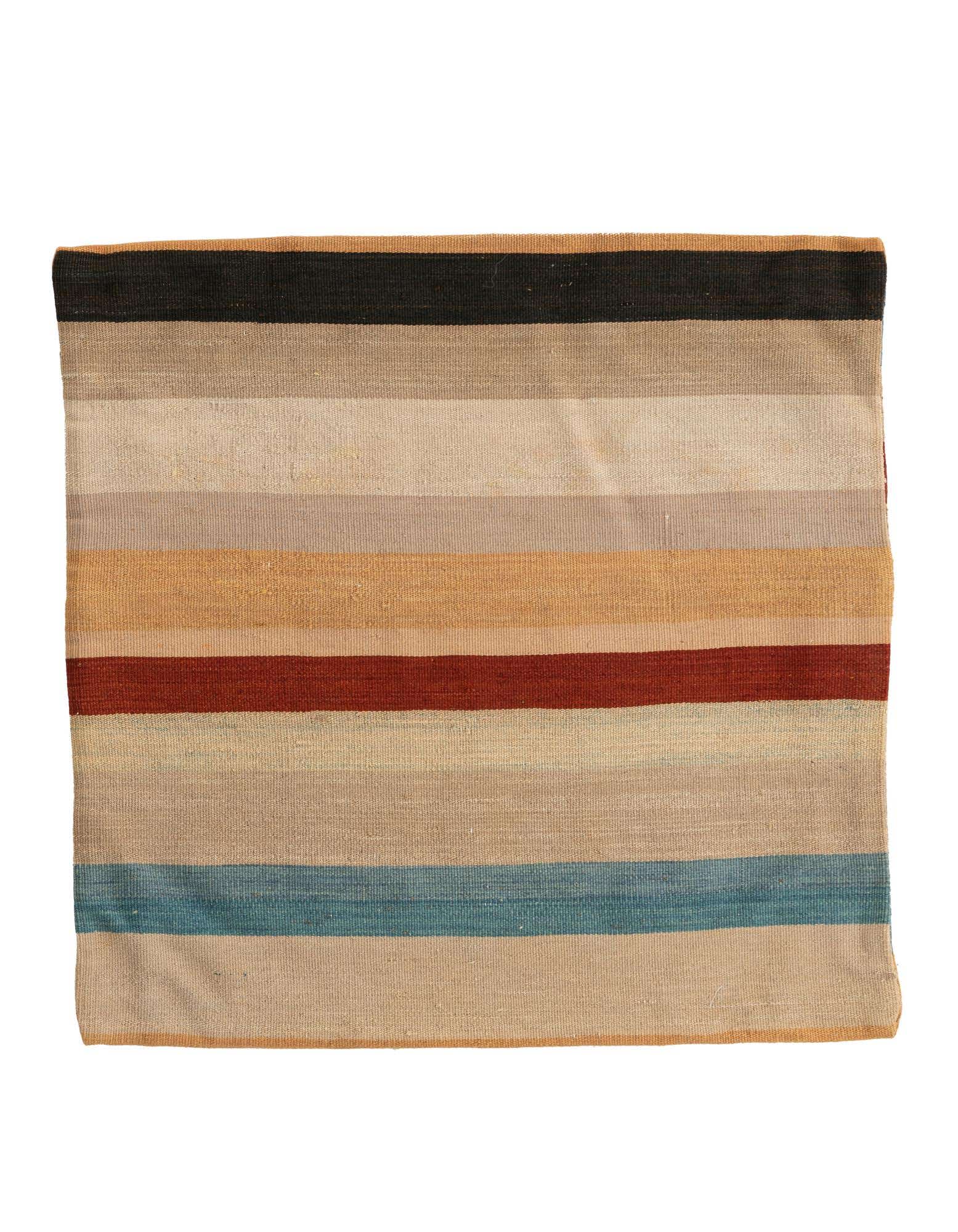 A 2' 6 x 2' 6 square wool rug featuring horizontal stripes in black, beige, tan, rust, and blue, showcasing a modern Persian style.