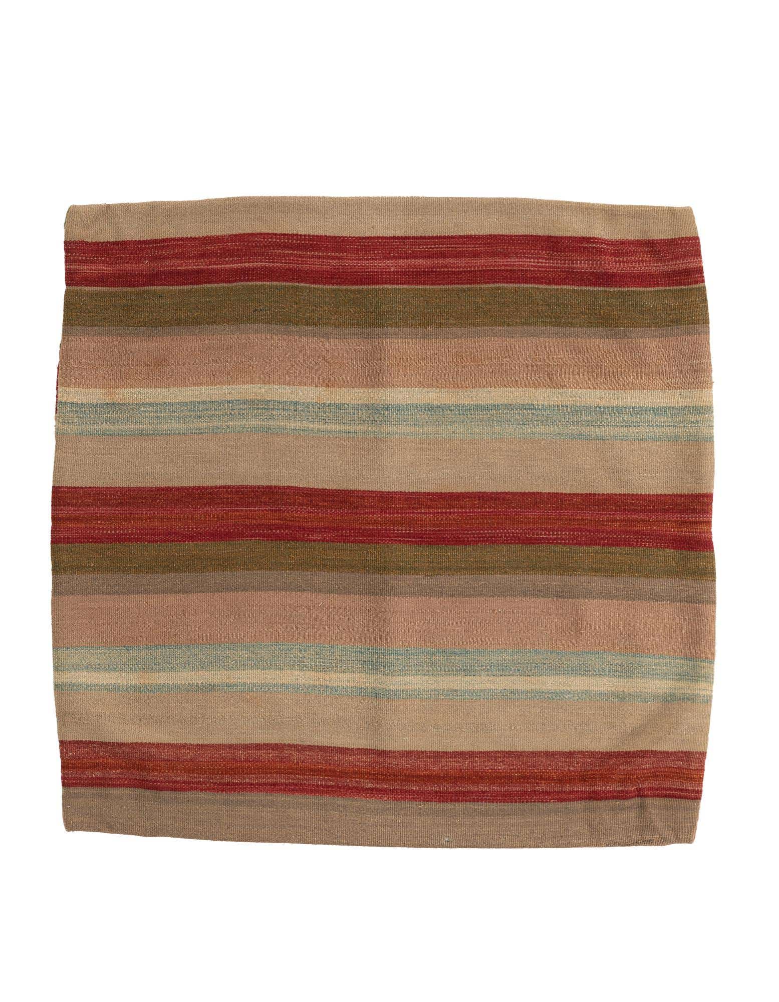 A 3' 3 x 3' 4 square multi-colored wool rug with horizontal stripes in shades of red, beige, and light blue.