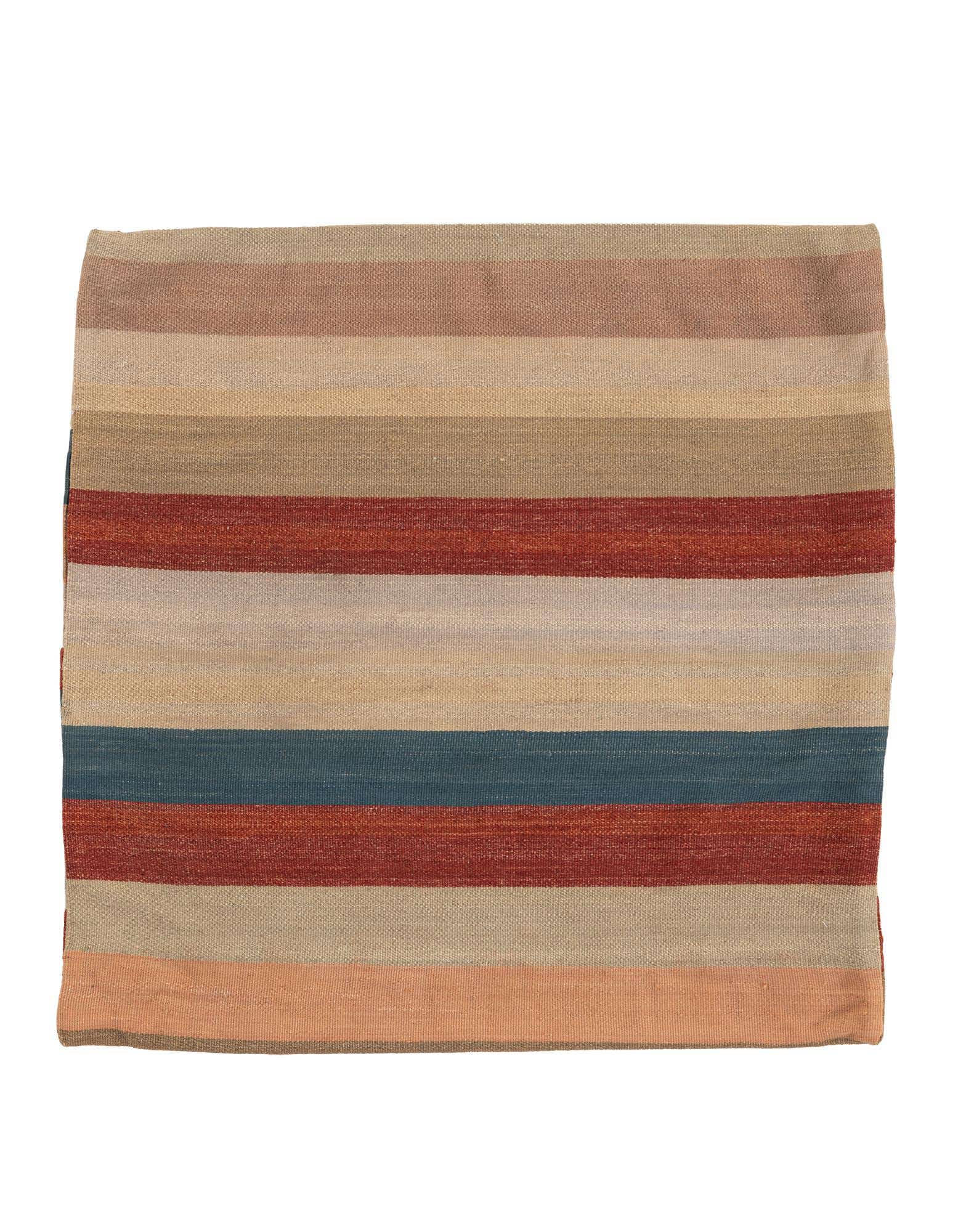 A square, multi-colored striped wool rug featuring bands of rust, teal, beige, and peach, showcasing its modern Persian design.