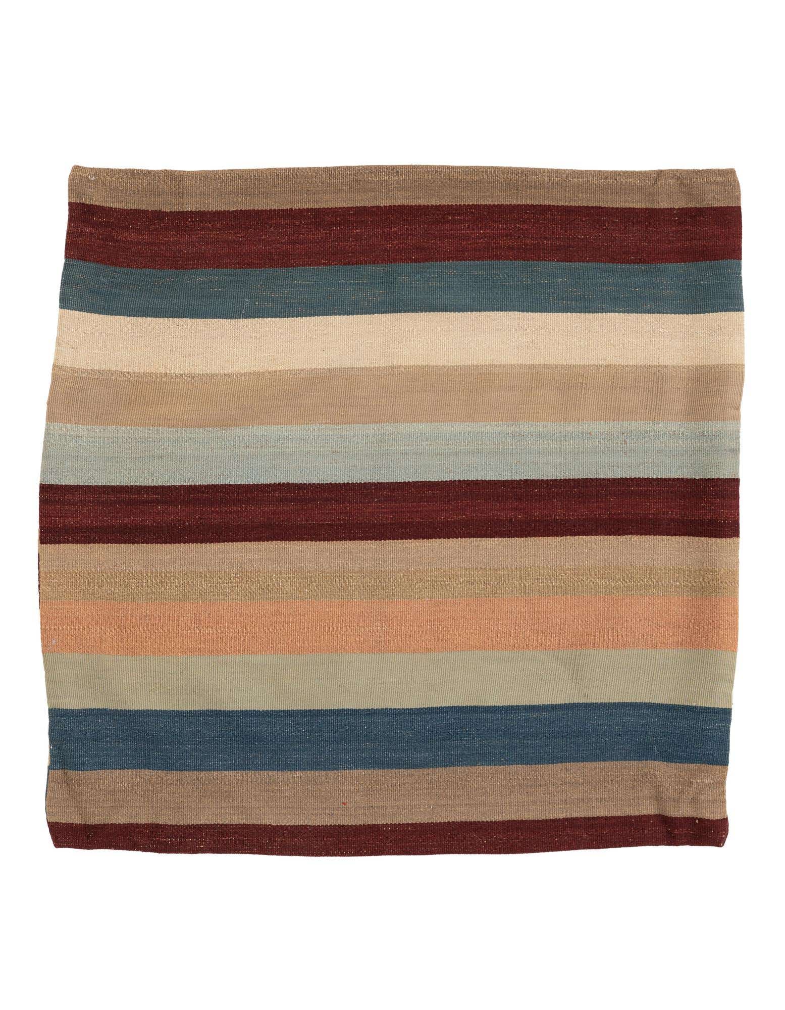 A 3' 2 x 3' 3 square multi-colored wool rug featuring horizontal stripes in shades of red, blue, beige, and brown.